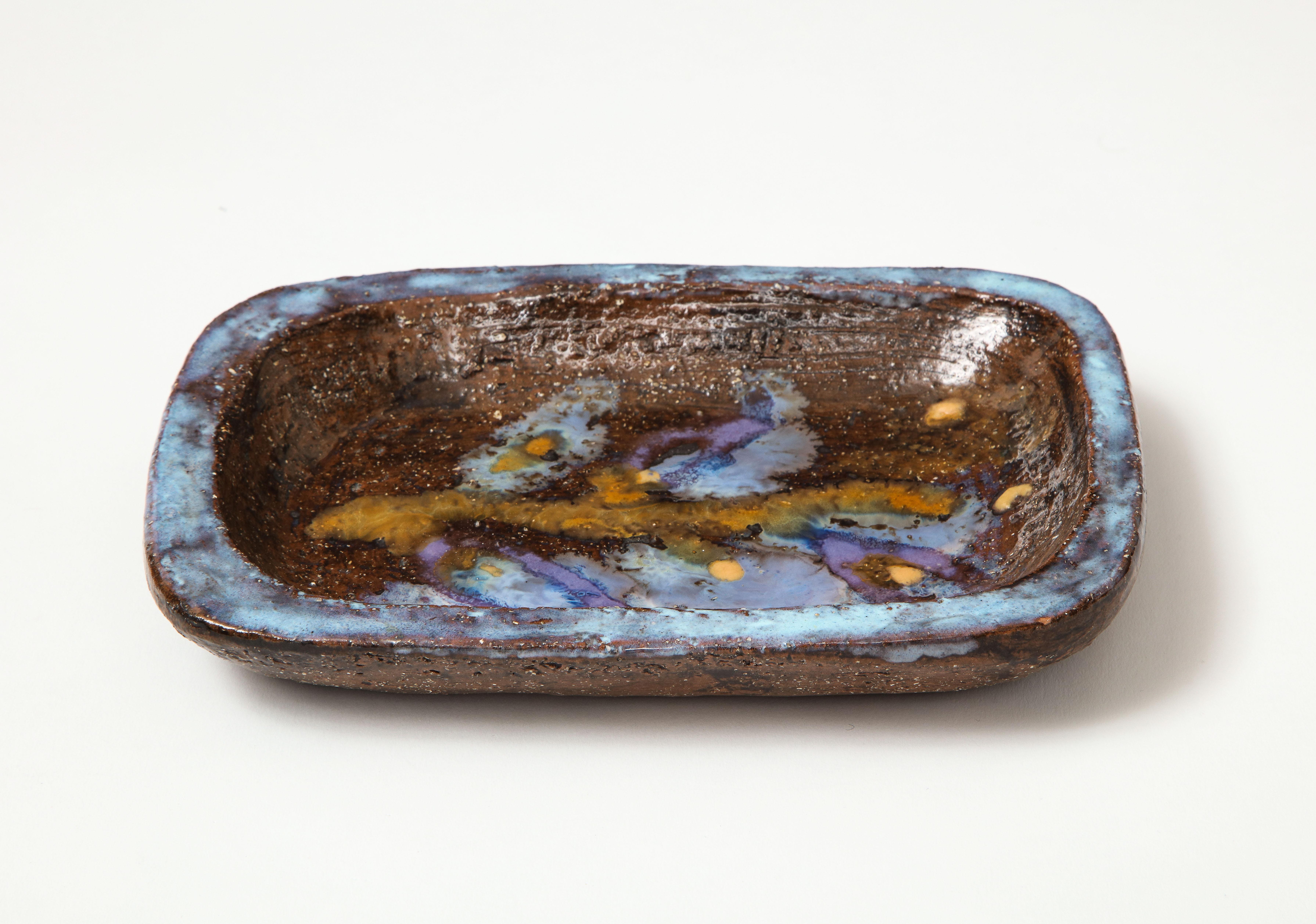 Signed Juliette Derel stoneware glazed ceramic dish with floral motif.