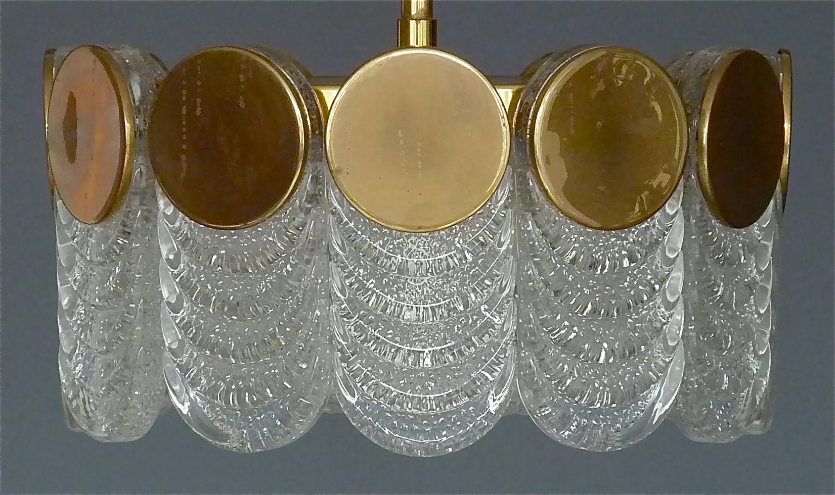 Signed Kaiser Drum Disc Chandelier Brass Ice Glass Pendant 1960s Kalmar Style 2