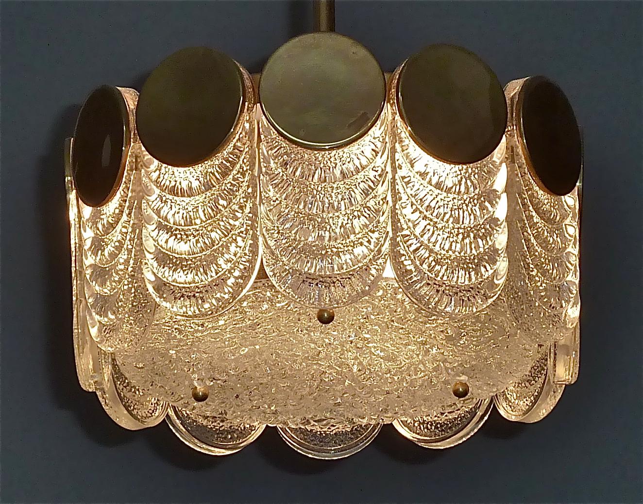 Signed Kaiser Drum Disc Chandelier Brass Ice Glass Pendant 1960s Kalmar Style 7