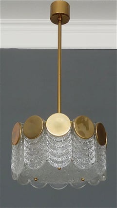 Signed Kaiser Drum Disc Chandelier Brass Ice Glass Pendant 1960s Kalmar Style