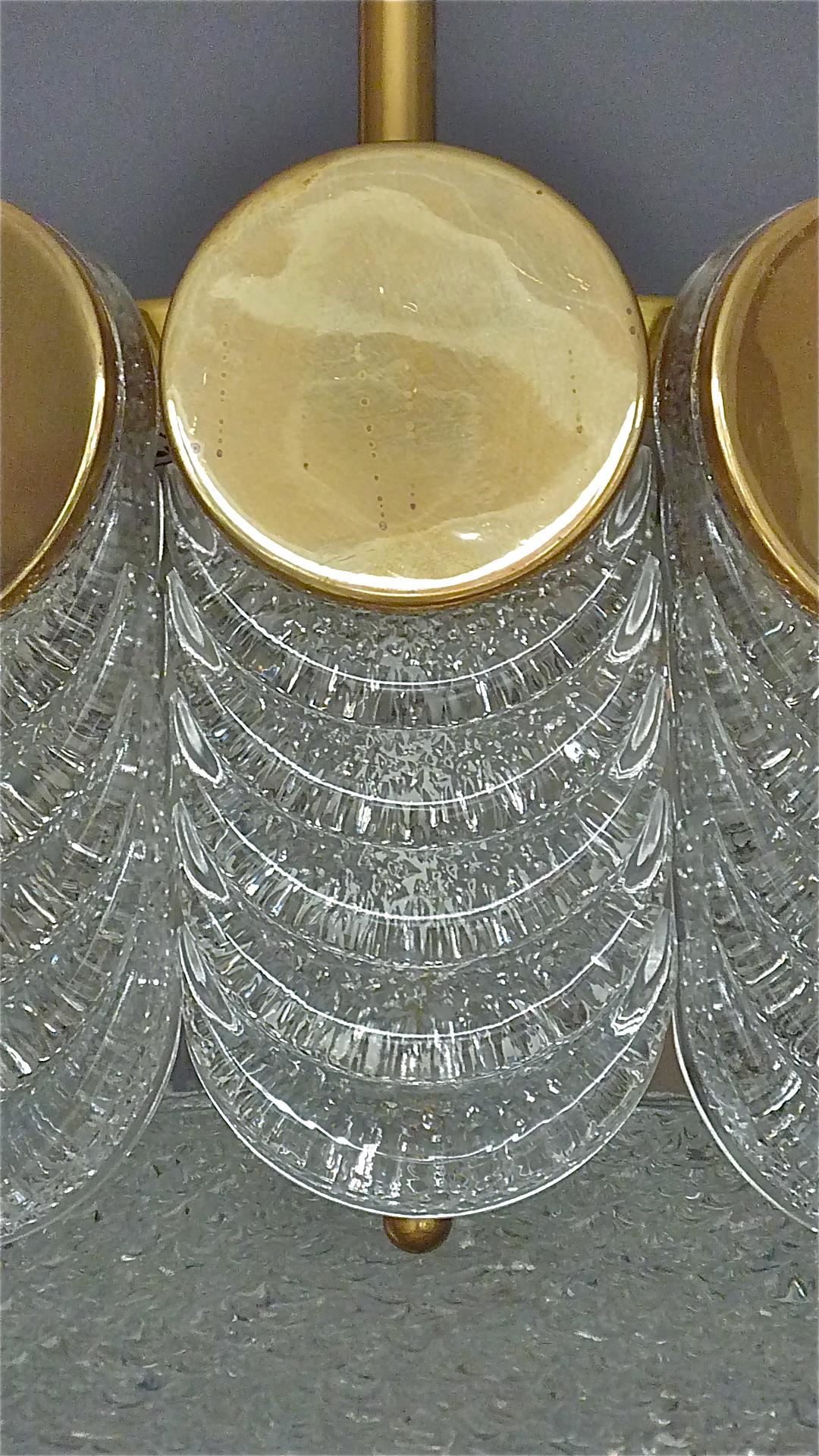 Mid-Century Modern Signed Kaiser Drum Disc Chandelier Brass Ice Glass Pendant 1960s Kalmar Style
