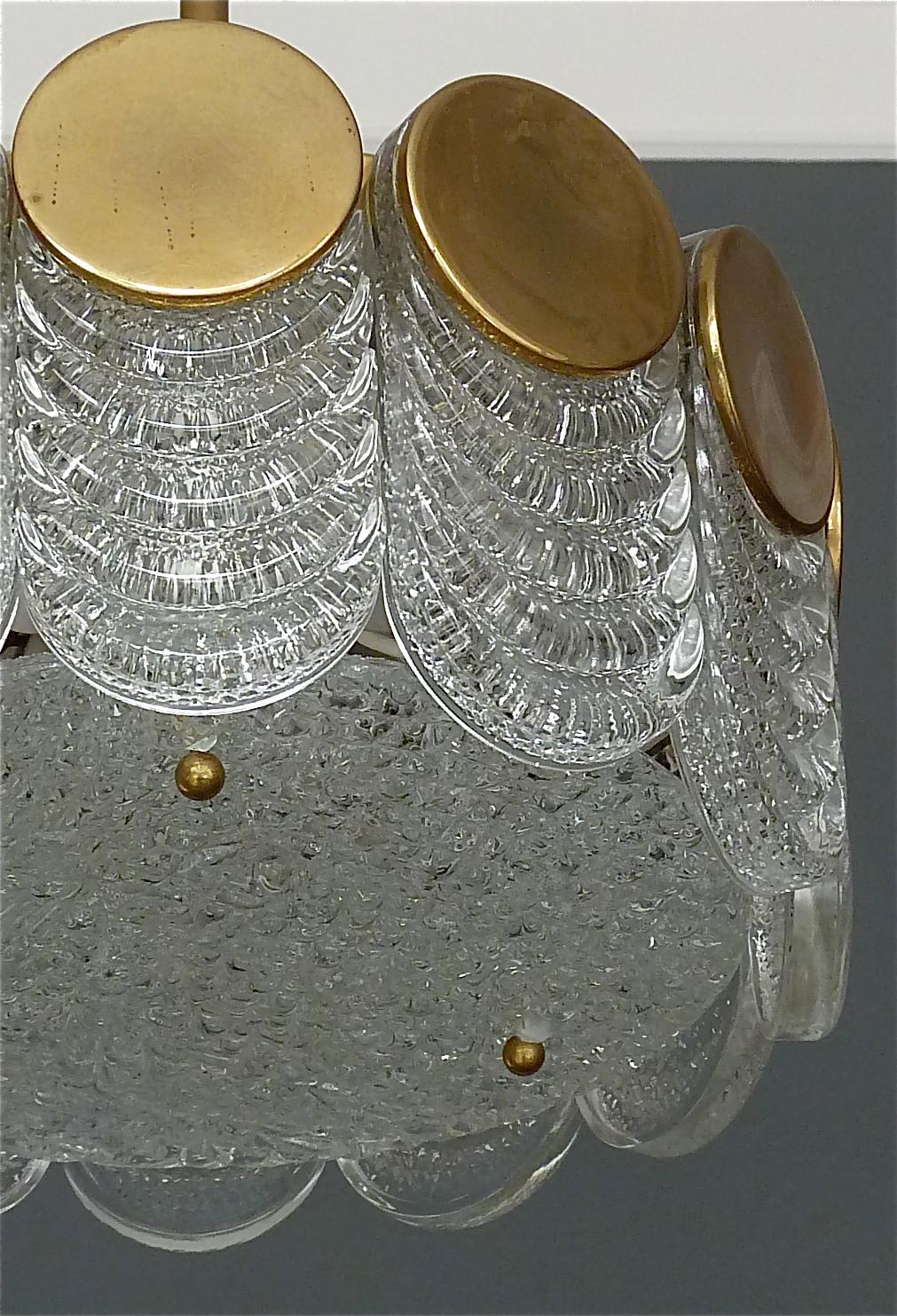 German Signed Kaiser Drum Disc Chandelier Brass Ice Glass Pendant 1960s Kalmar Style