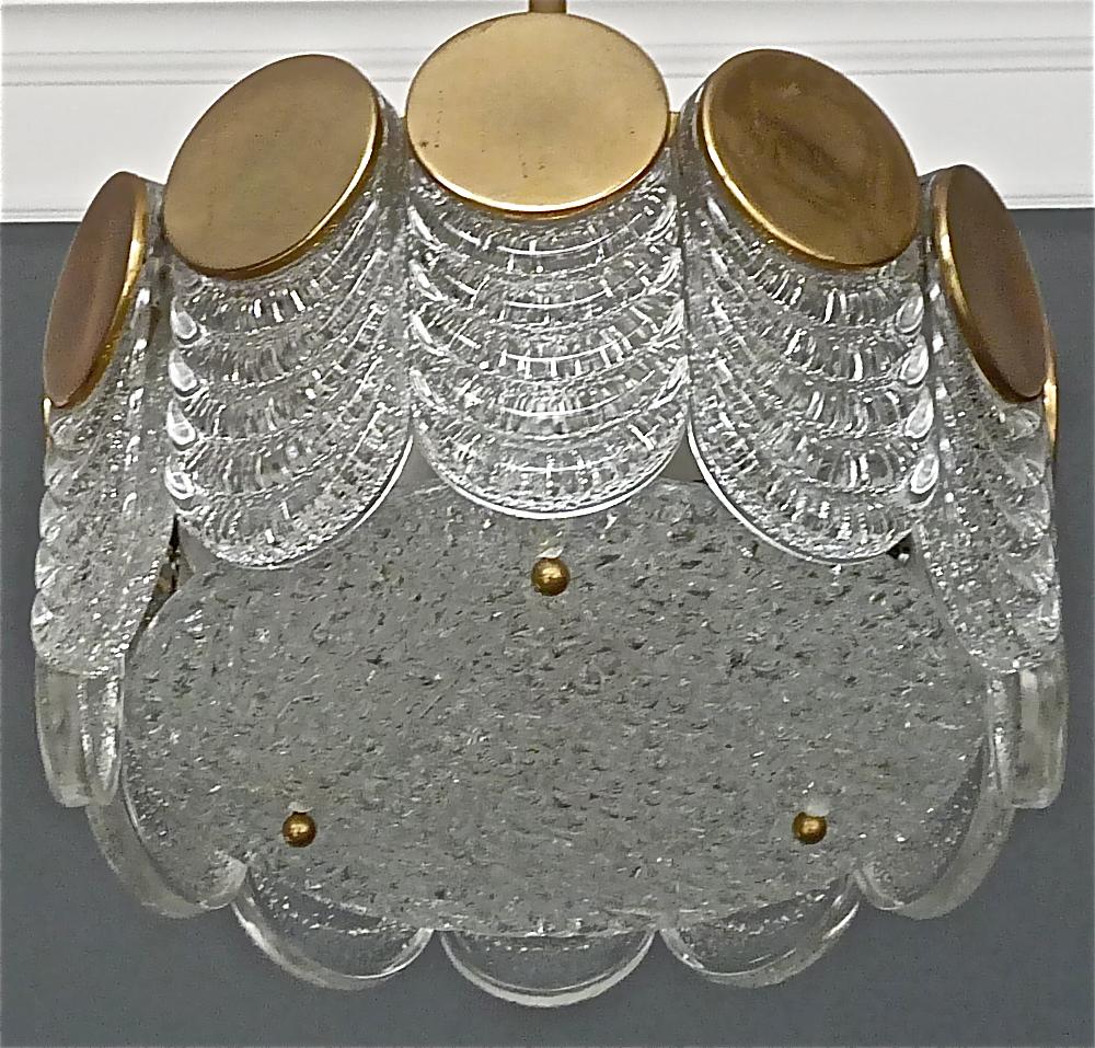 Frosted Signed Kaiser Drum Disc Chandelier Brass Ice Glass Pendant 1960s Kalmar Style