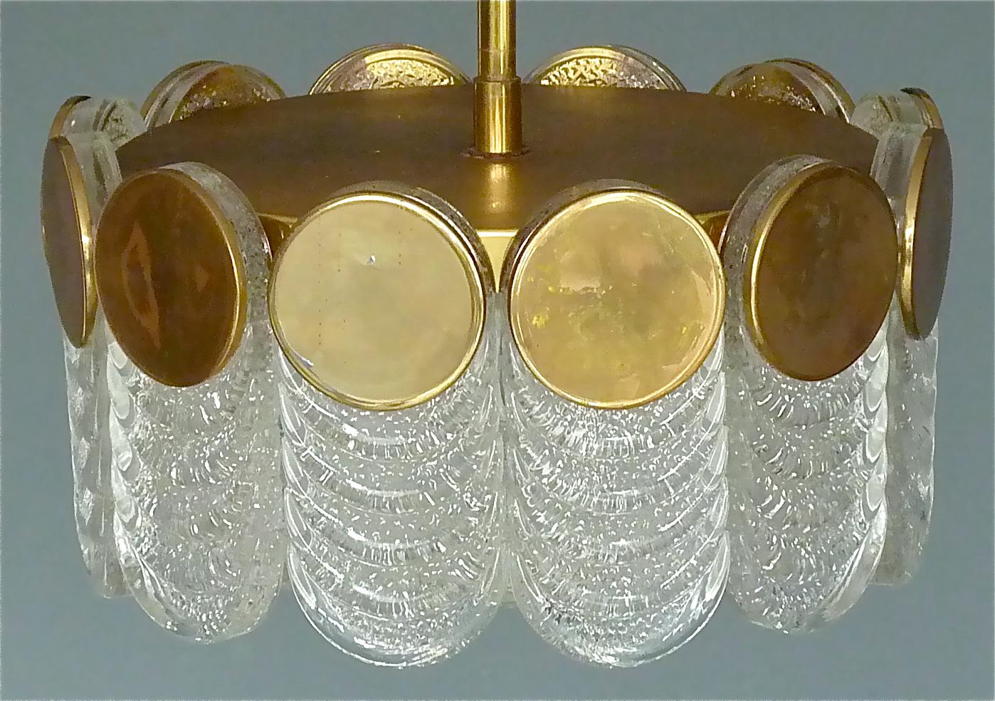 Mid-20th Century Signed Kaiser Drum Disc Chandelier Brass Ice Glass Pendant 1960s Kalmar Style