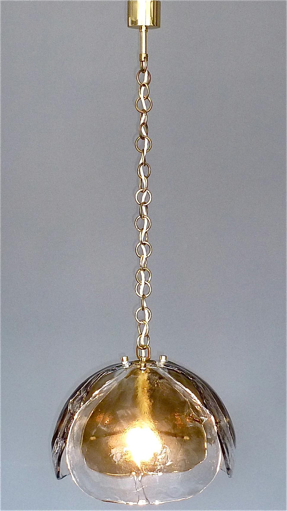 Signed Kaiser Pendant Lamp Kalmar Mazzega Style Murano Ice Glass Dome Brass 1960 For Sale 4
