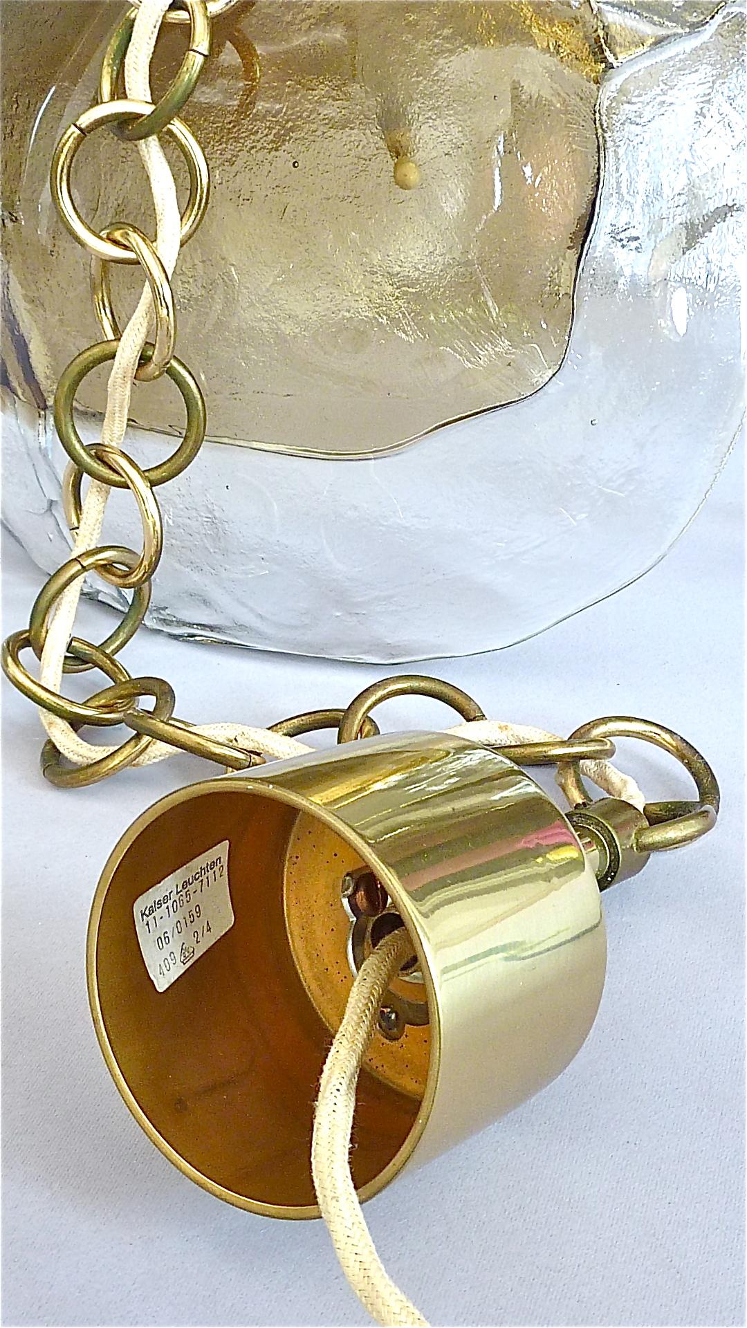 Signed Kaiser Pendant Lamp Kalmar Mazzega Style Murano Ice Glass Dome Brass 1960 For Sale 6