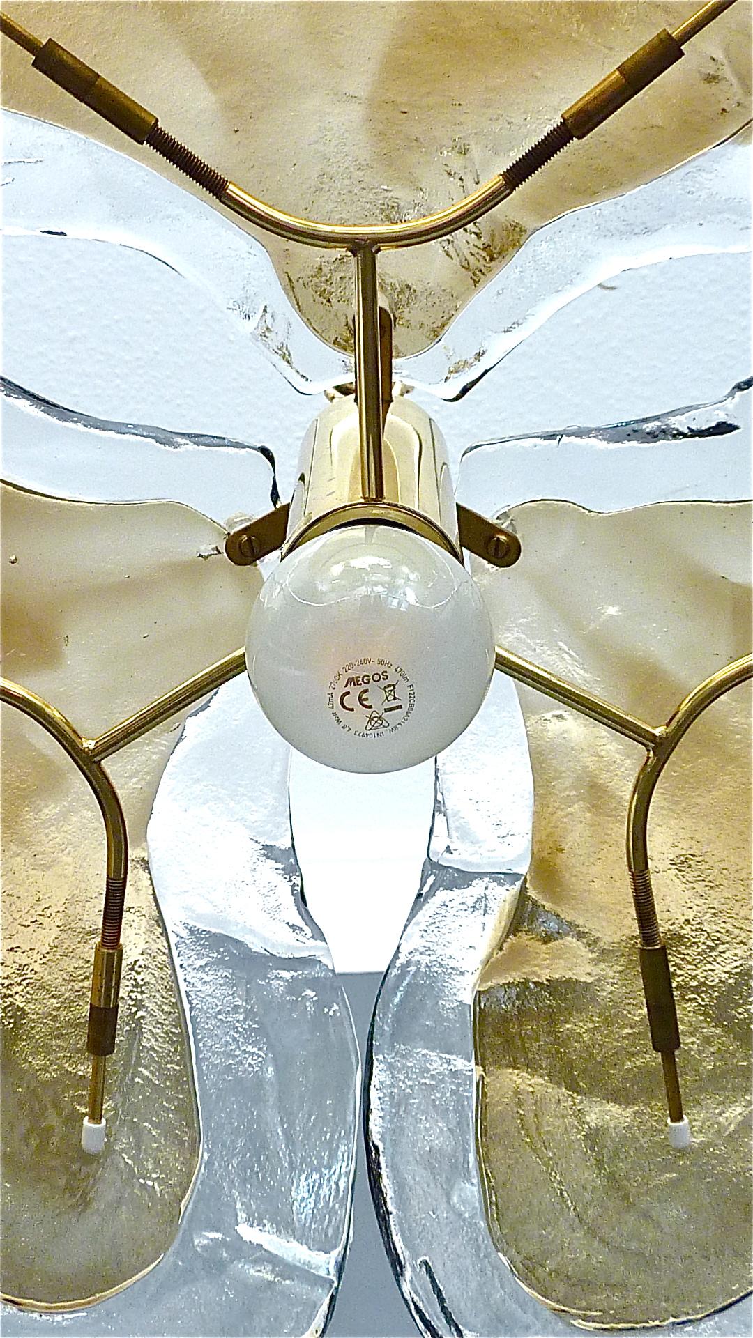 Signed Kaiser Pendant Lamp Kalmar Mazzega Style Murano Ice Glass Dome Brass 1960 For Sale 9