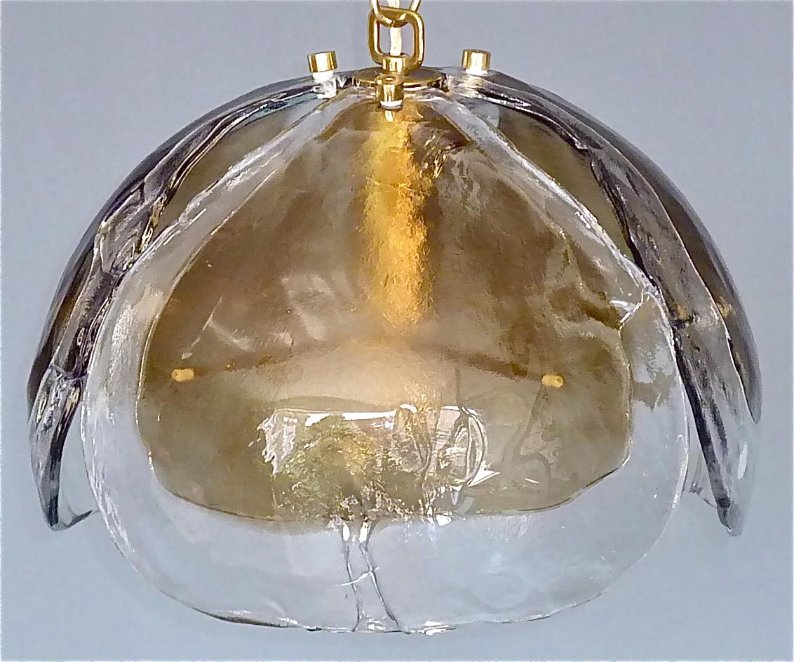 Mid-Century Modern Signed Kaiser Pendant Lamp Kalmar Mazzega Style Murano Ice Glass Dome Brass 1960 For Sale