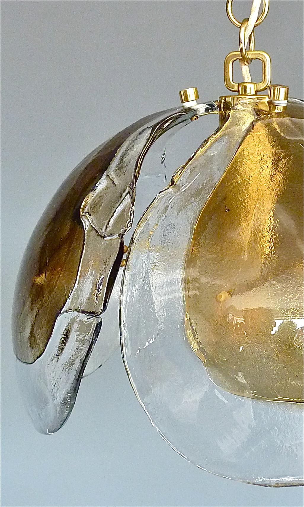 German Signed Kaiser Pendant Lamp Kalmar Mazzega Style Murano Ice Glass Dome Brass 1960 For Sale