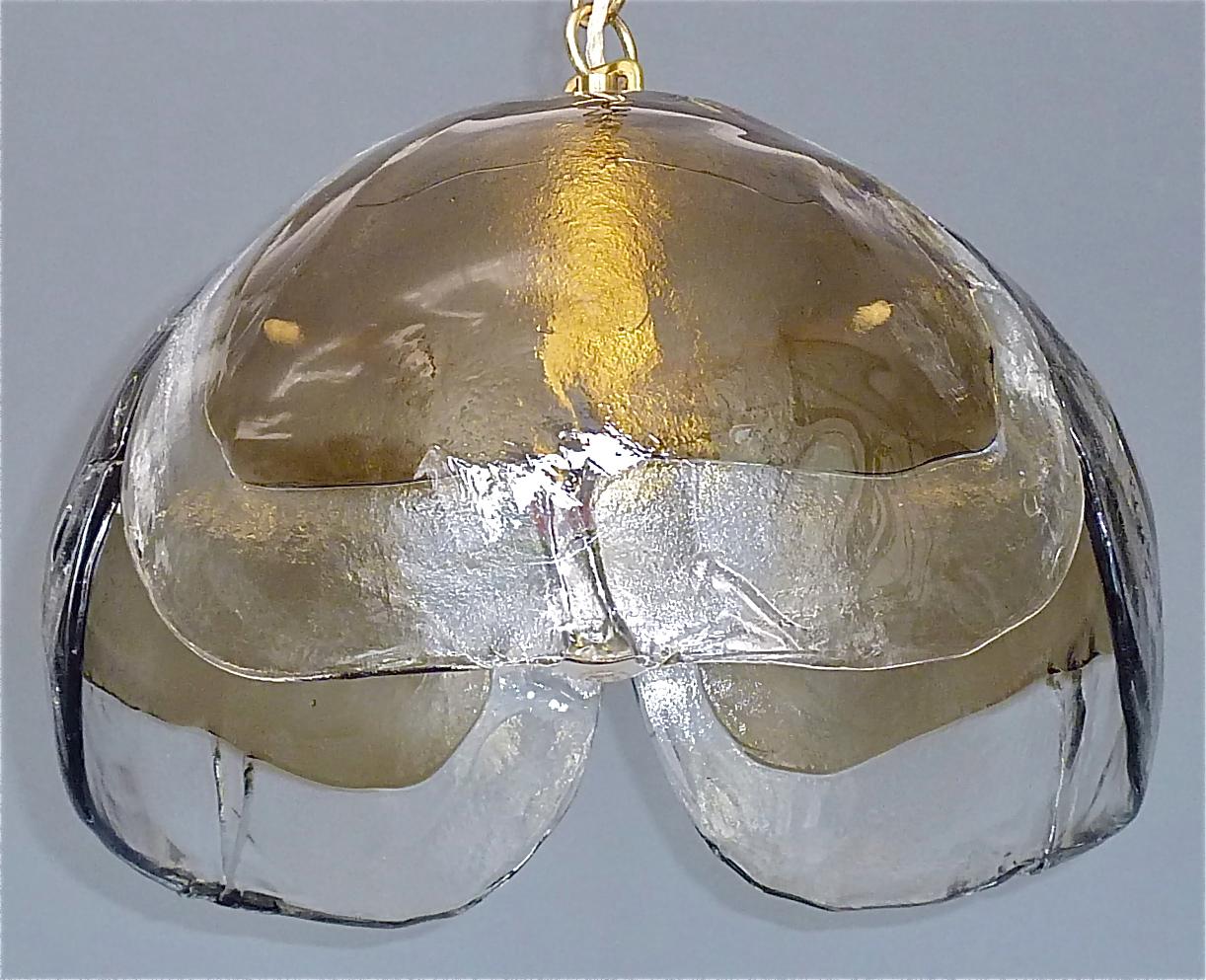 Signed Kaiser Pendant Lamp Kalmar Mazzega Style Murano Ice Glass Dome Brass 1960 In Good Condition For Sale In Nierstein am Rhein, DE