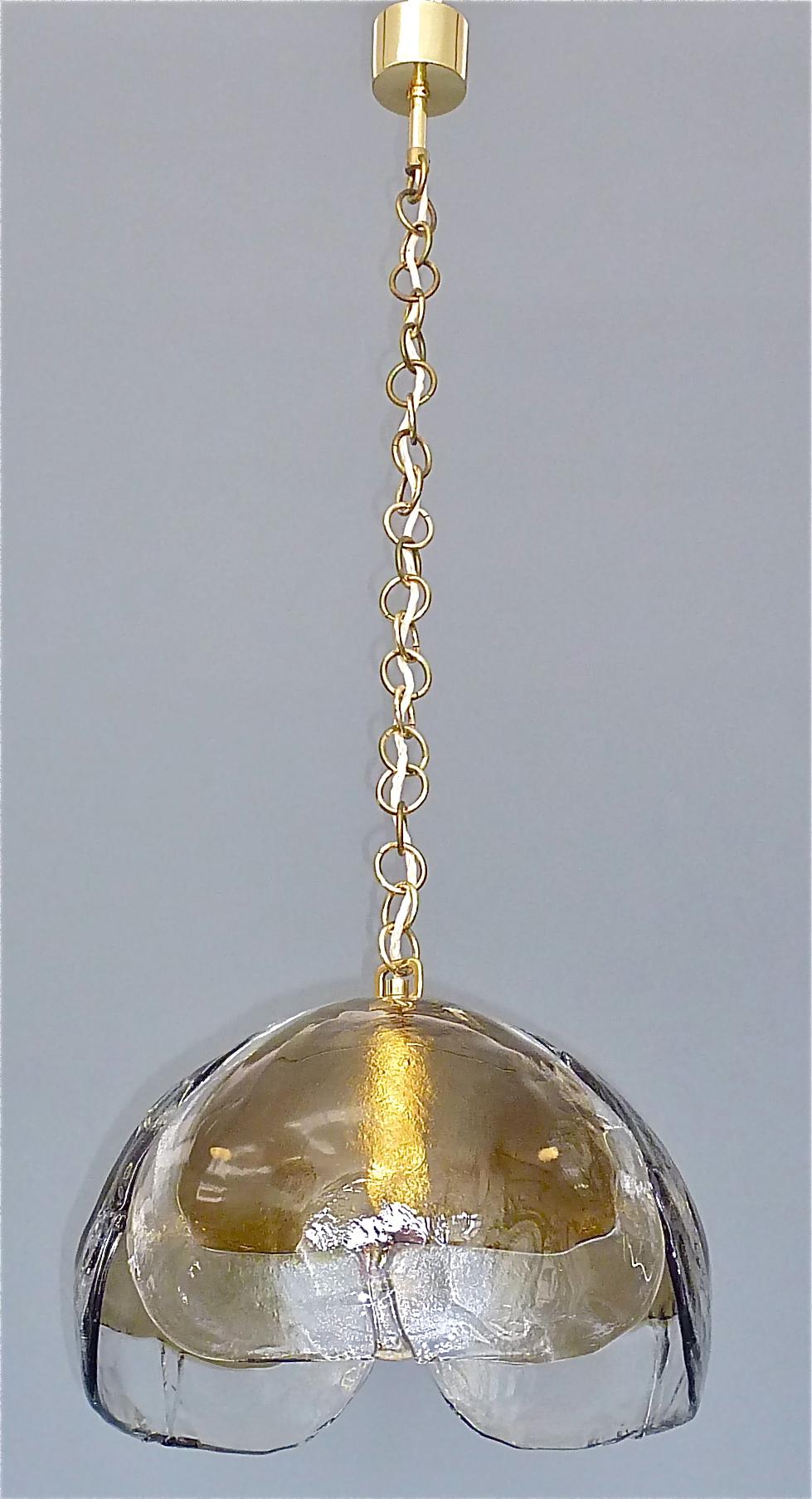 Mid-20th Century Signed Kaiser Pendant Lamp Kalmar Mazzega Style Murano Ice Glass Dome Brass 1960 For Sale