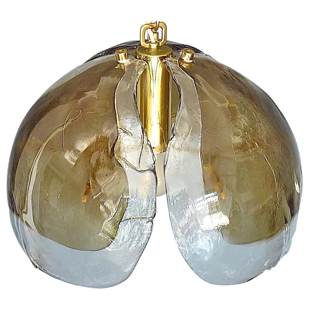 Signed Kaiser Pendant Lamp Kalmar Mazzega Style Murano Ice Glass Dome Brass 1960
