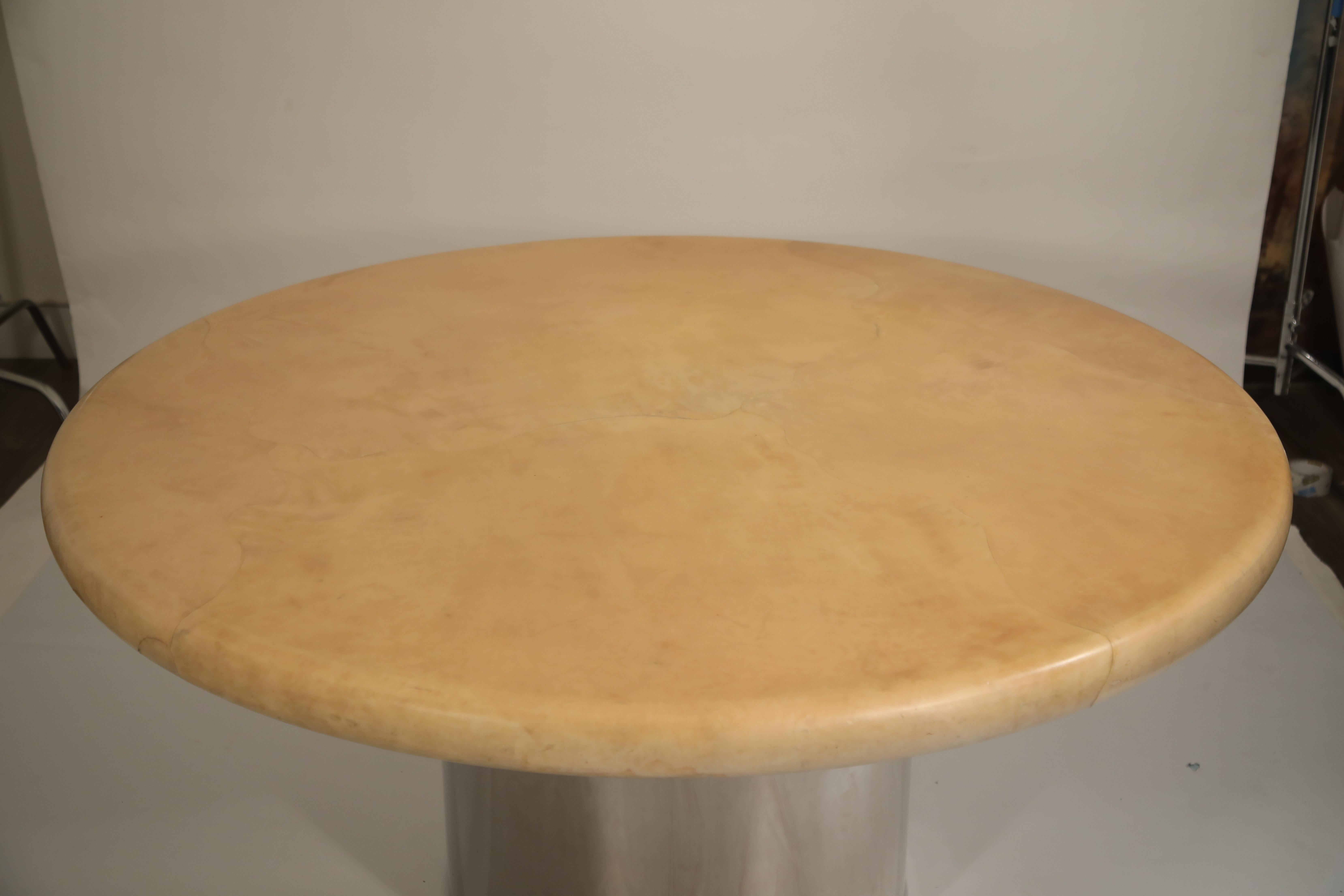 Signed Karl Springer Dining Table in Natural Goatskin and Steel, 1970s 1