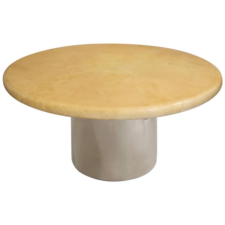 Signed Karl Springer Dining Table In Natural Goatskin And Steel Signed Karl Springer Dining Table In Natural Goatskin And Steel 1970s For