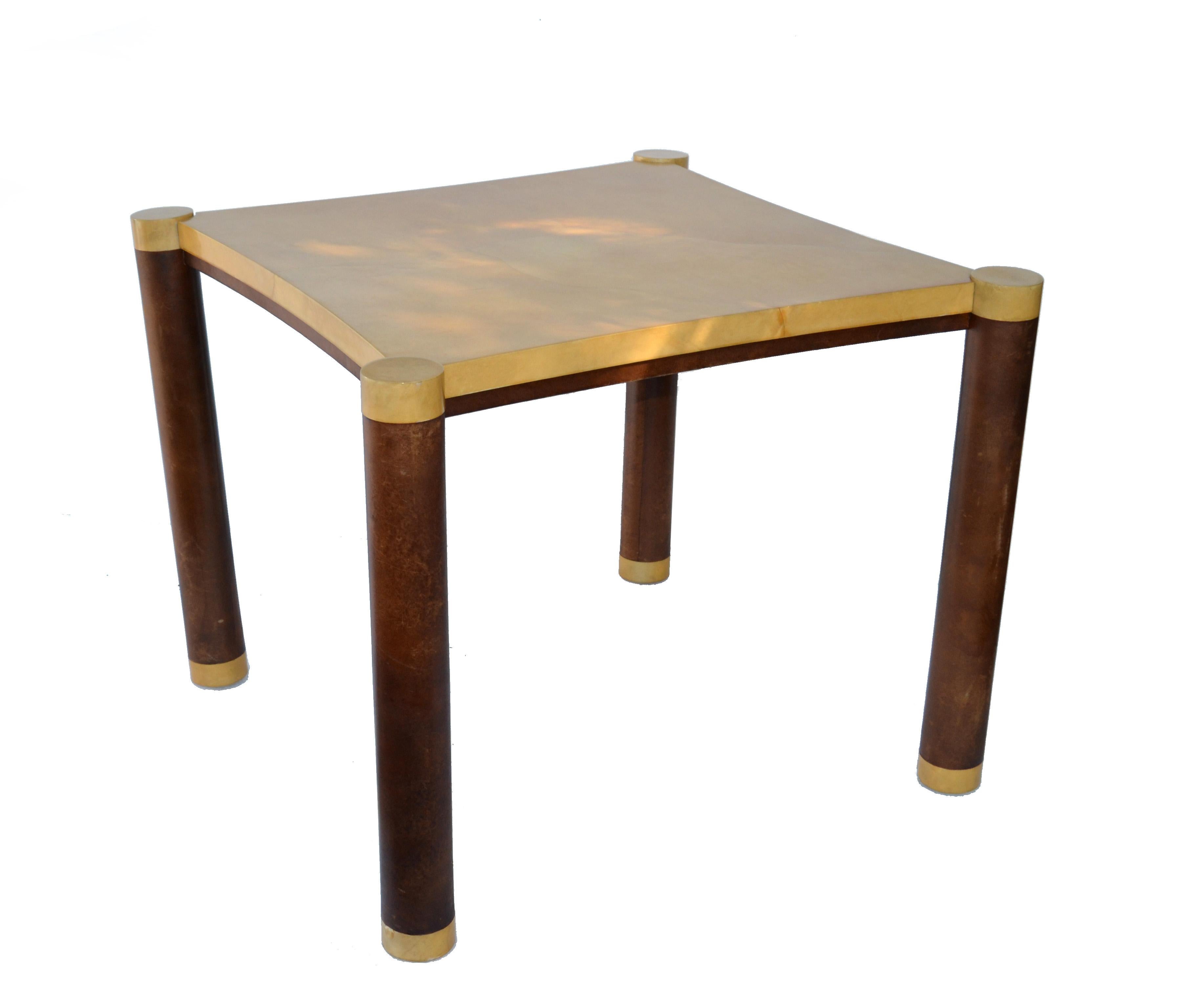 Mid-Century Modern Signed Karl Springer Lacquered Goatskin & Brown Leather Game Table, Card Table