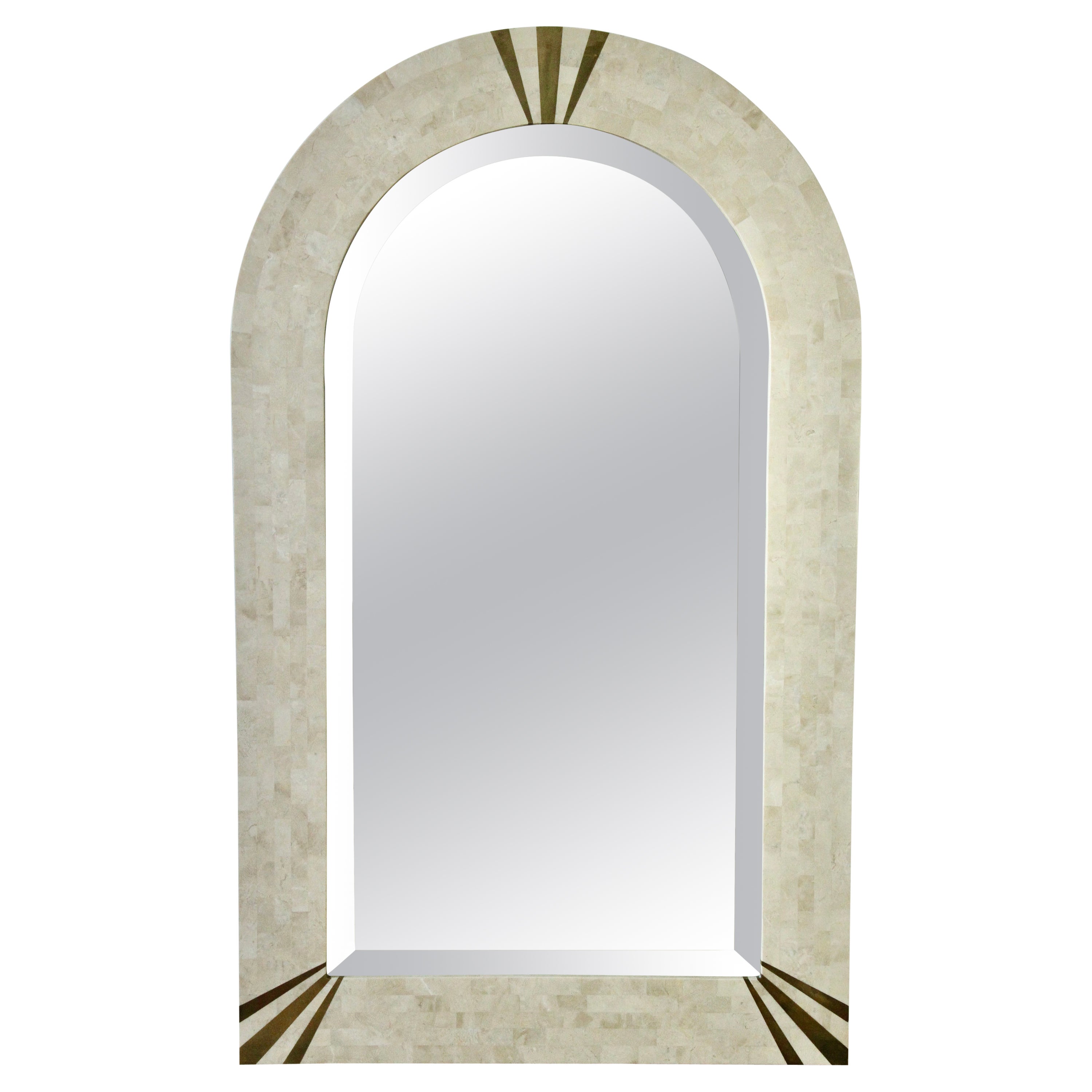 "Signed" Karl Springer Large Brass & Tessellated Stone Wall Mounted Mirror 1980s