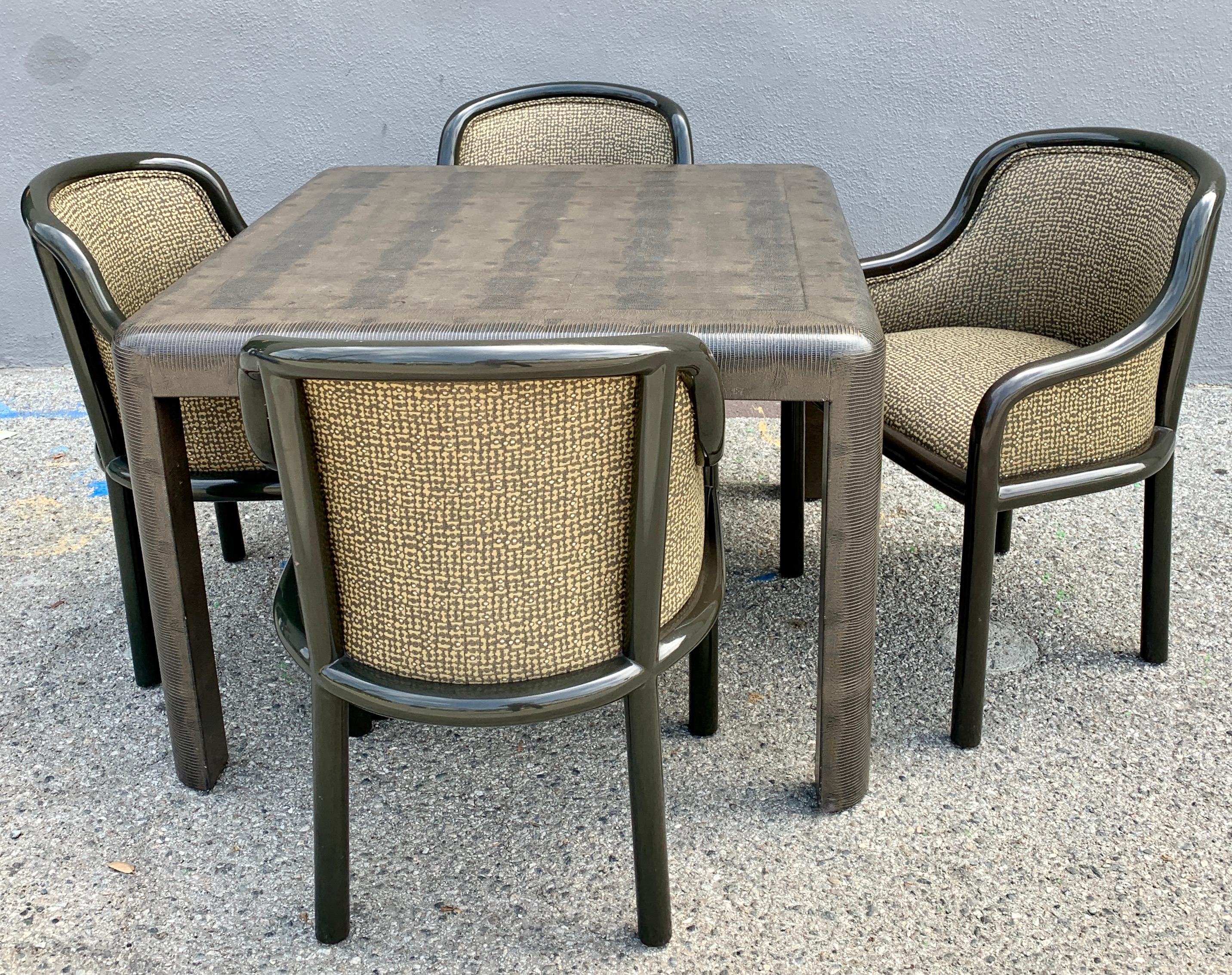 Mid-Century Modern Signed Karl Springer Embossed Leather Table and Four Lacquered Chairs