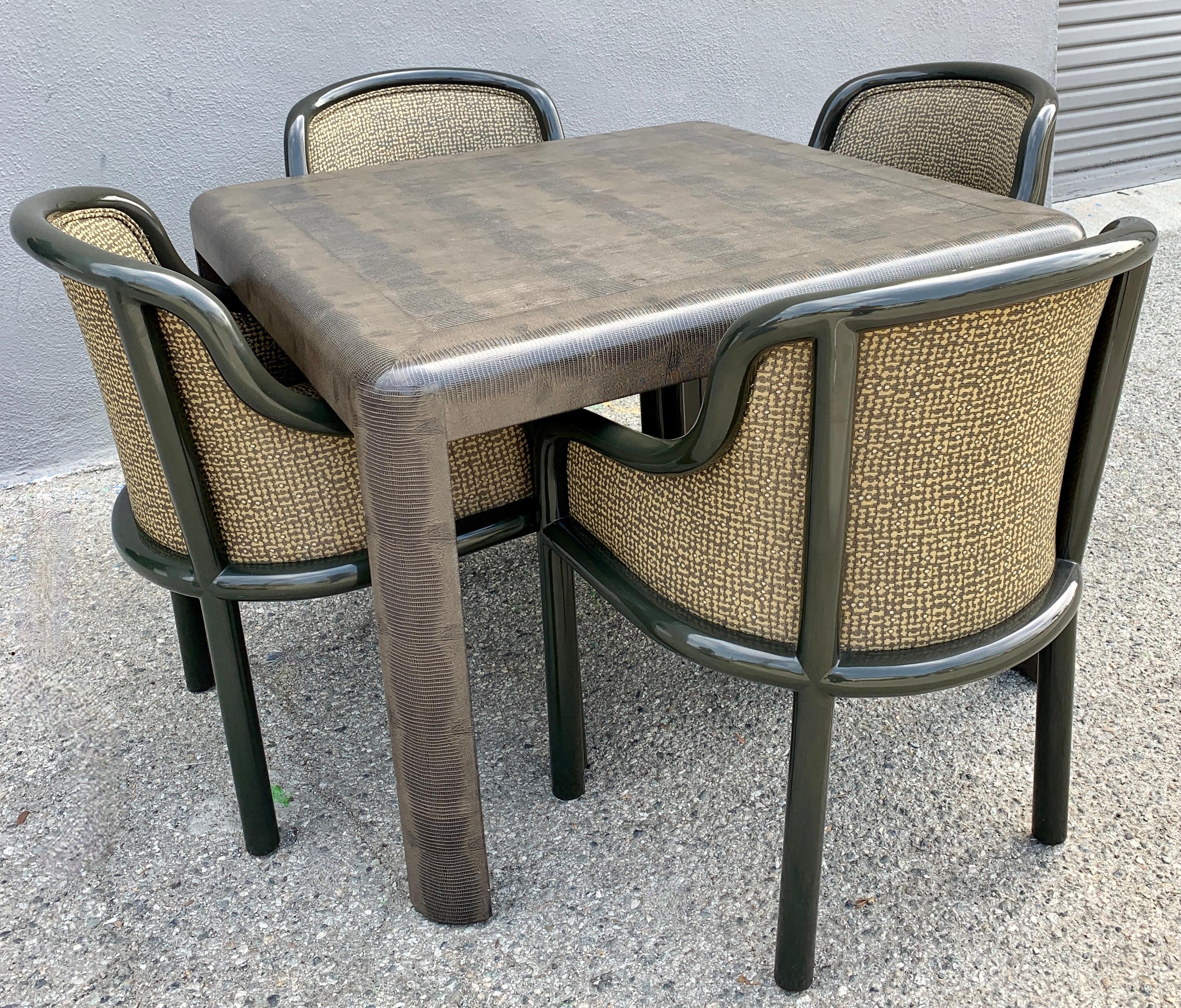 Signed Karl Springer Embossed Leather Table and Four Lacquered Chairs In Good Condition In Los Angeles, CA