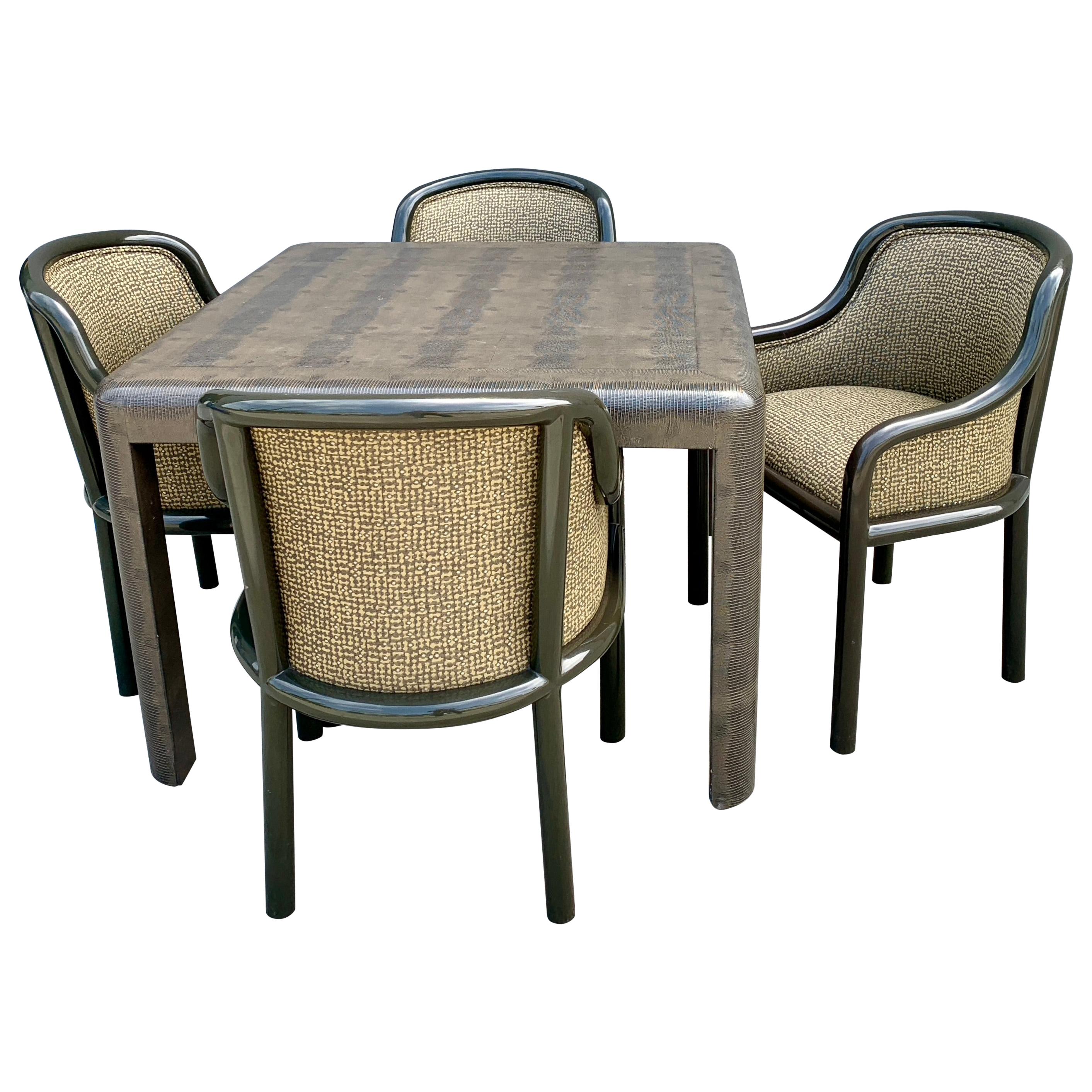 Signed Karl Springer Embossed Leather Table and Four Lacquered Chairs