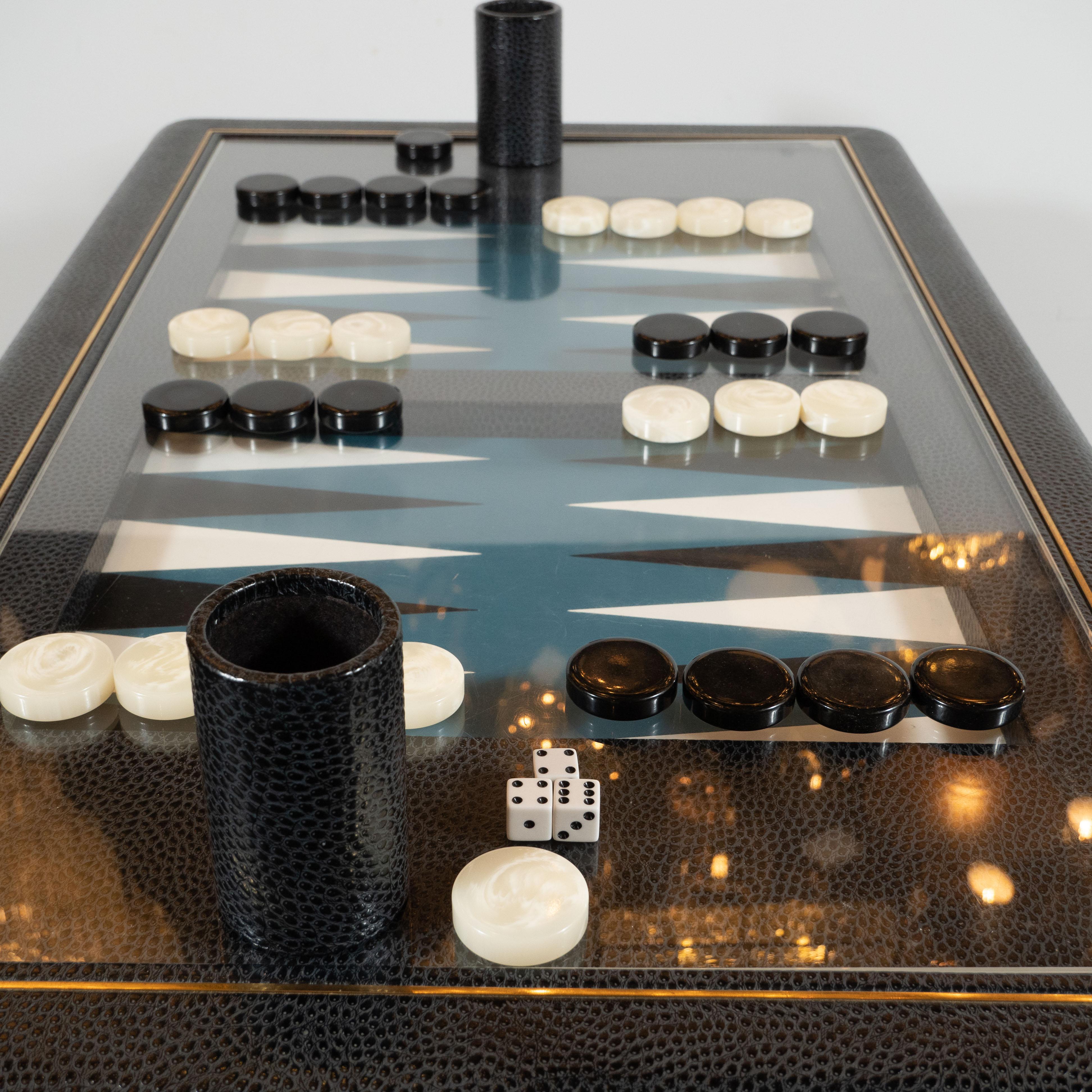 Signed Karl Springer Midcentury Backgammon Table in Brass and Embossed Leather 4