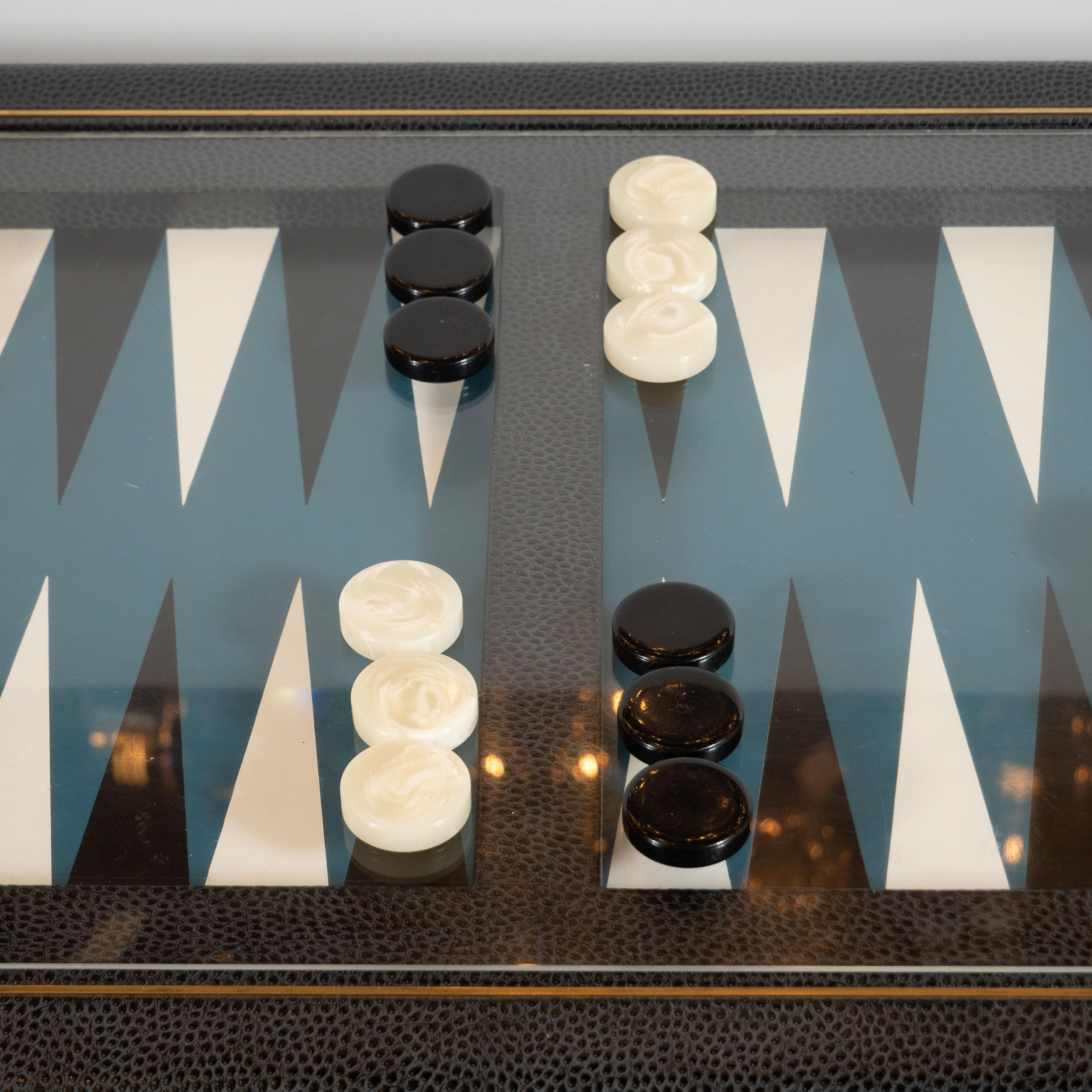 Mid-Century Modern Signed Karl Springer Midcentury Backgammon Table in Brass and Embossed Leather
