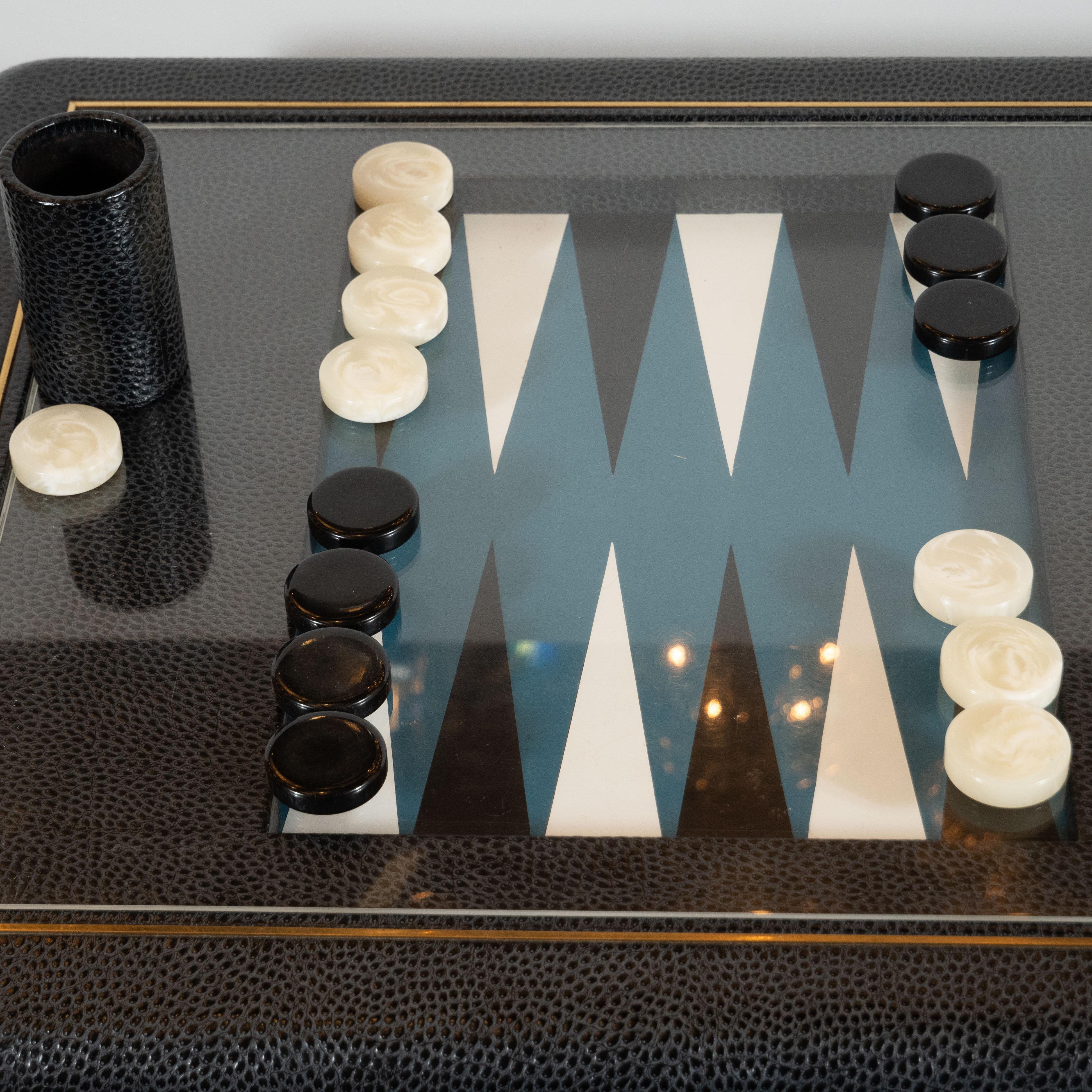 American Signed Karl Springer Midcentury Backgammon Table in Brass and Embossed Leather