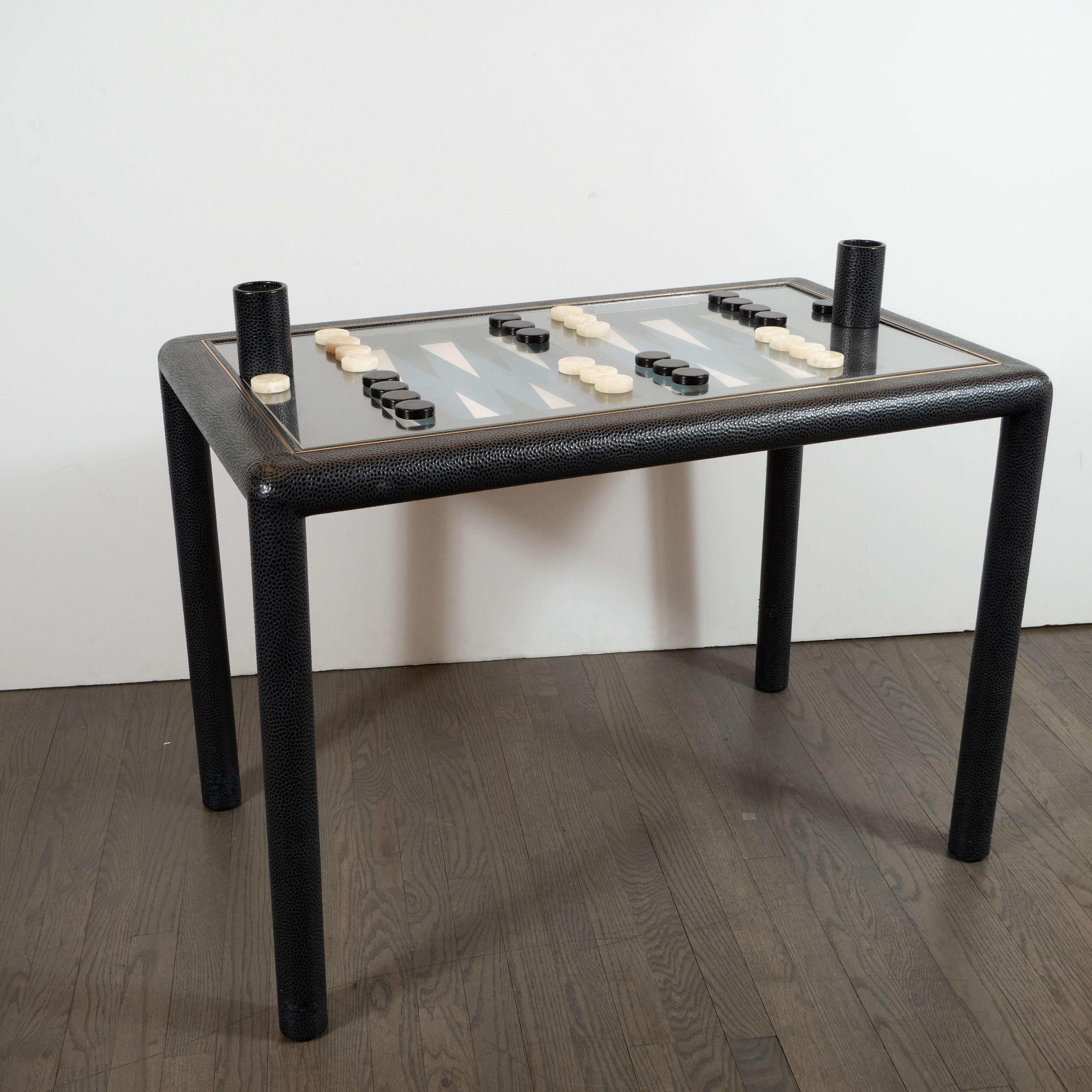 Signed Karl Springer Midcentury Backgammon Table in Brass and Embossed Leather In Excellent Condition In New York, NY
