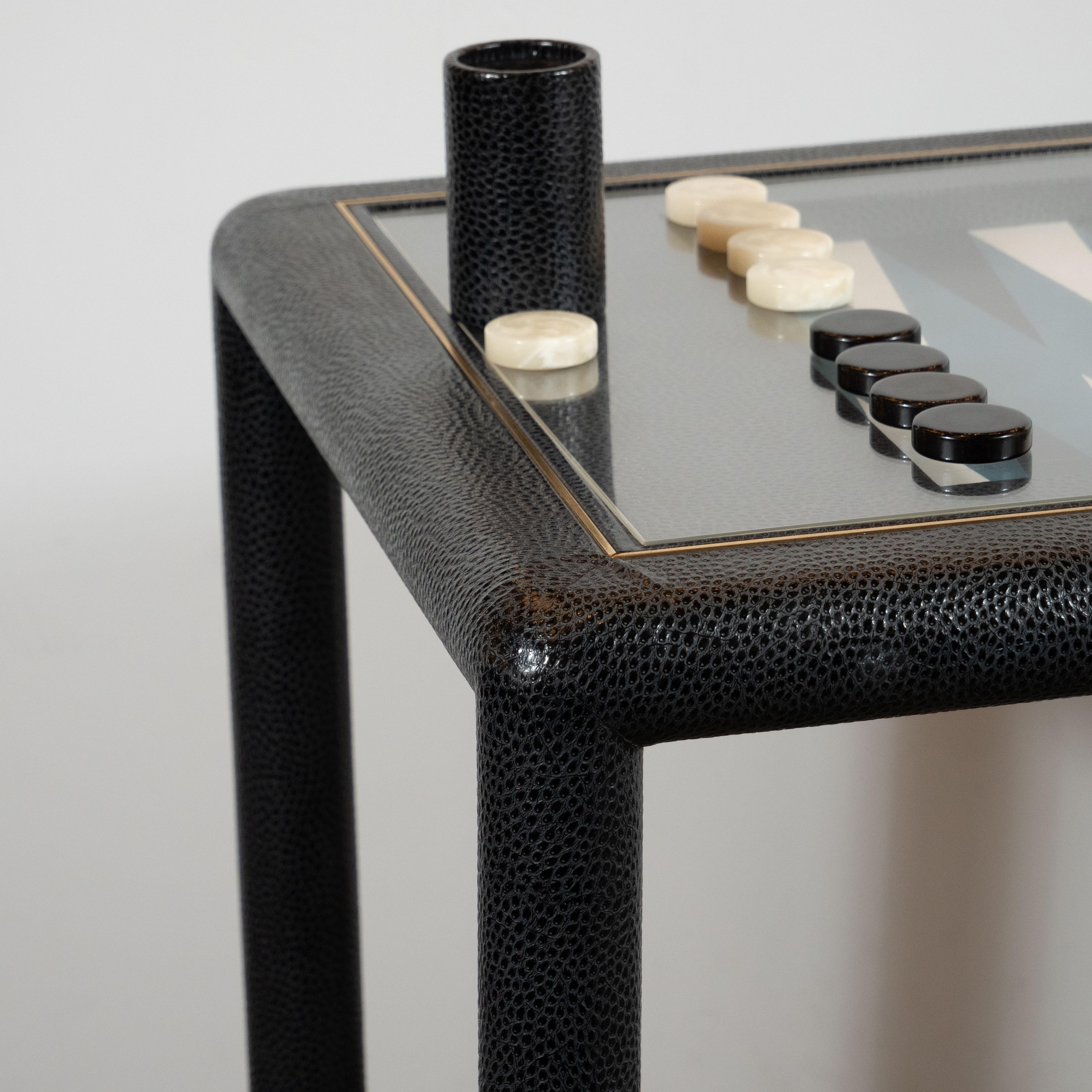 Late 20th Century Signed Karl Springer Midcentury Backgammon Table in Brass and Embossed Leather