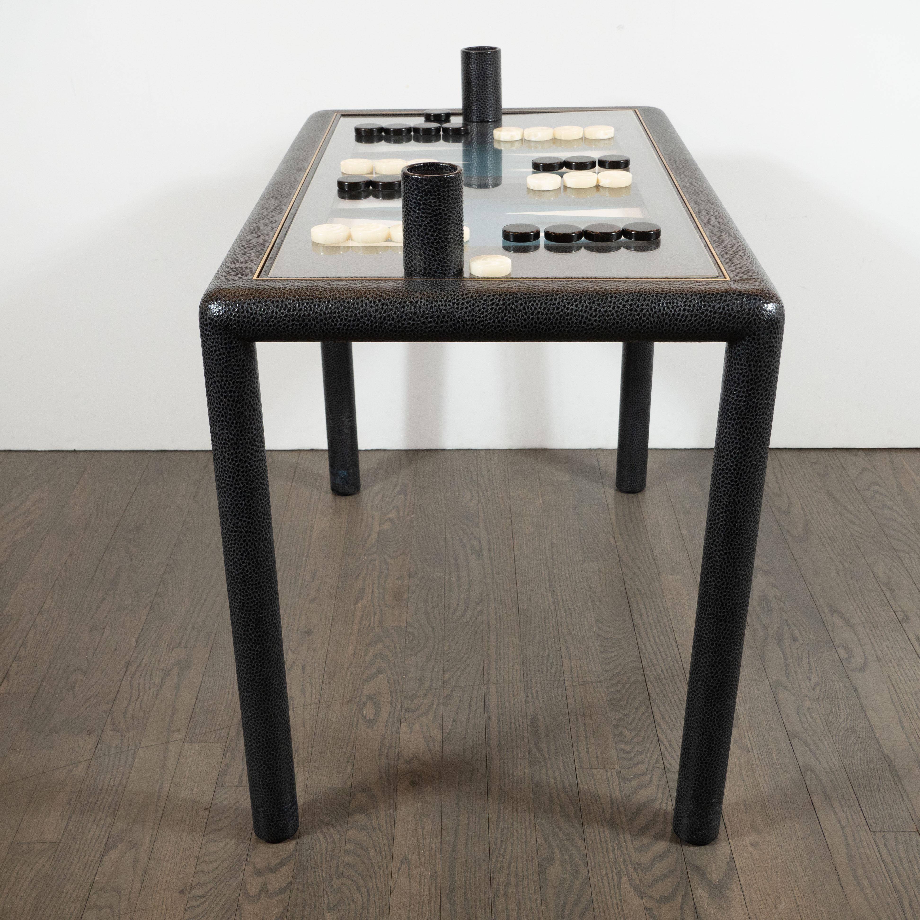 Signed Karl Springer Midcentury Backgammon Table in Brass and Embossed Leather 1