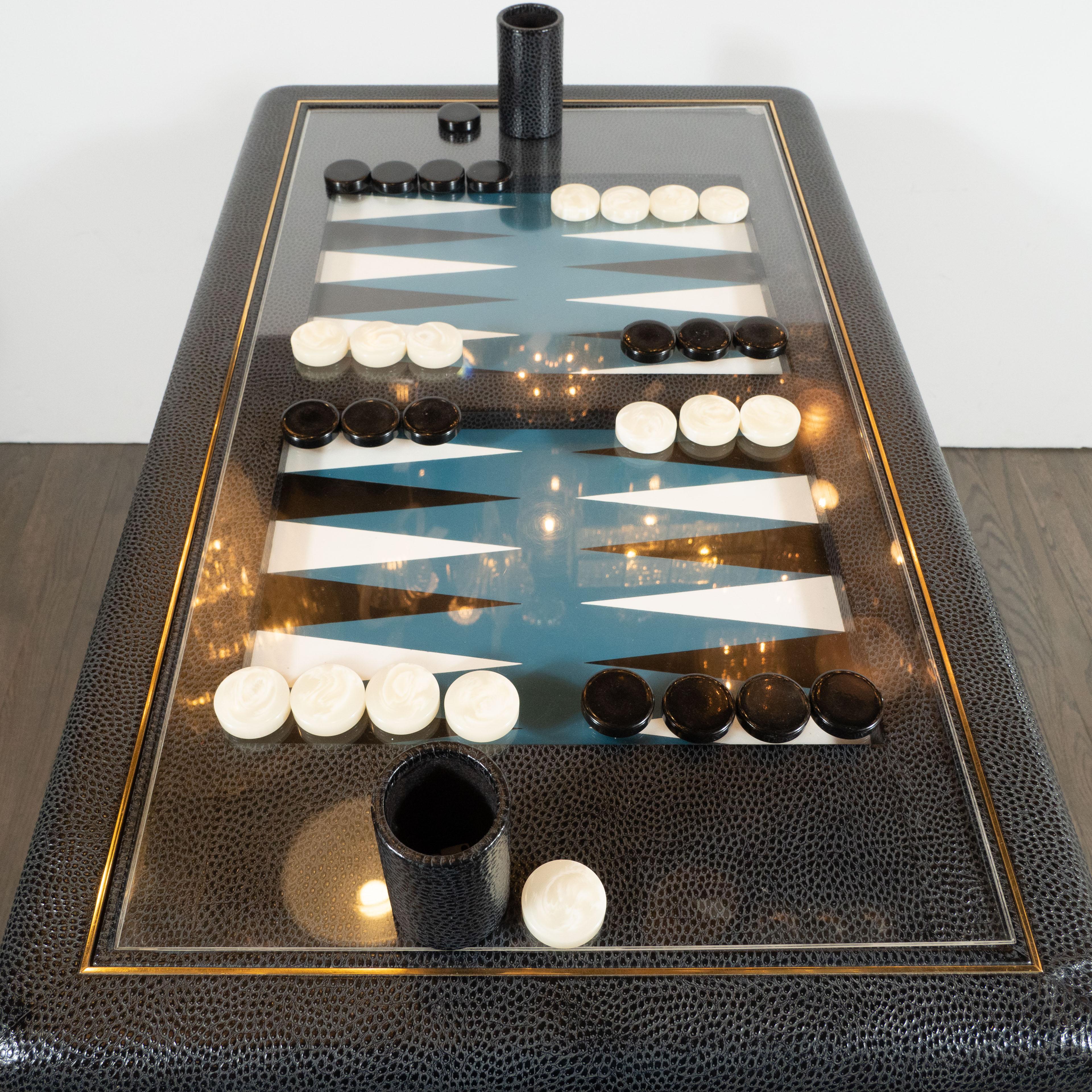 Signed Karl Springer Midcentury Backgammon Table in Brass and Embossed Leather 2