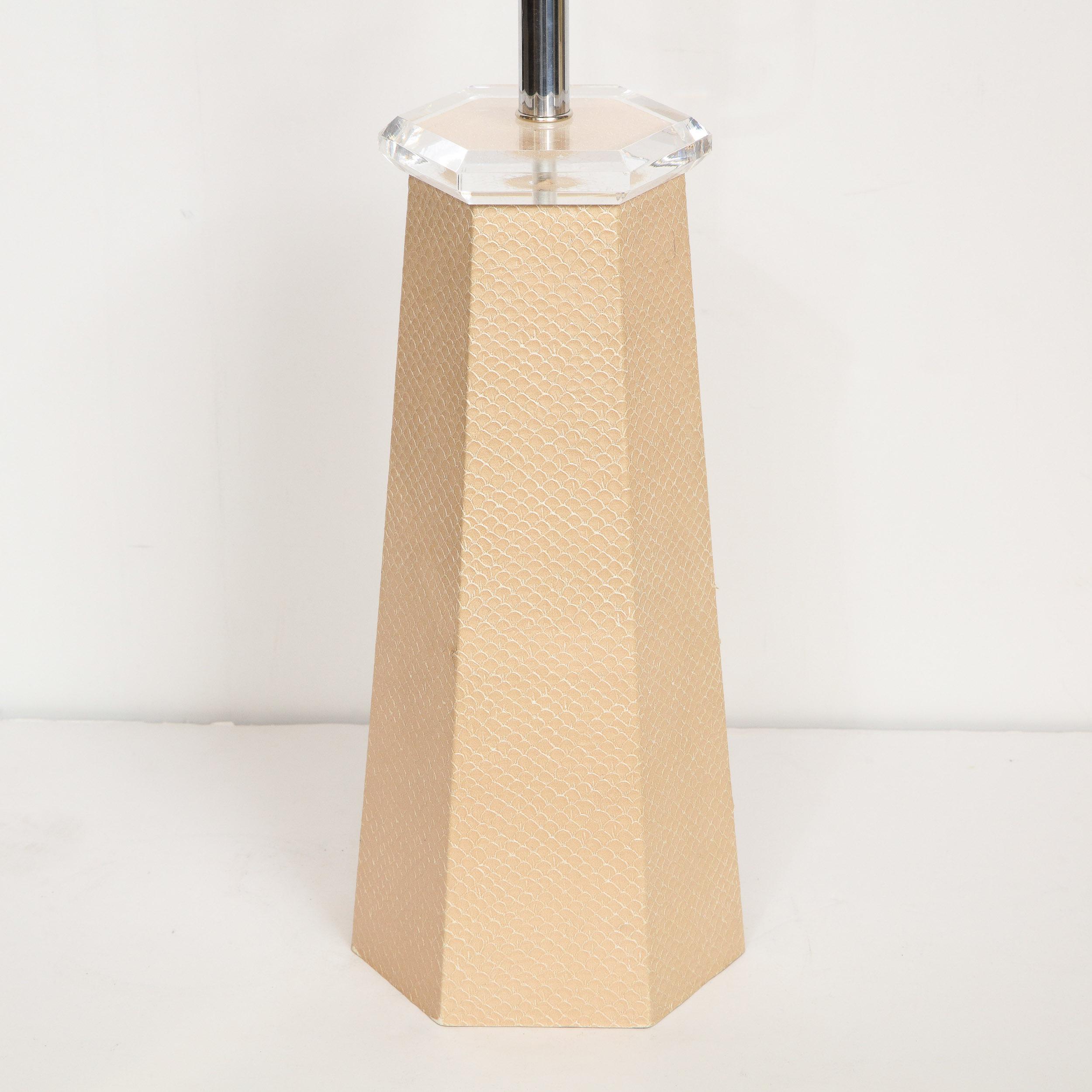 Signed Karl Springer Modernist Hexagonal Table Lamp in Beige Snakeskin 3