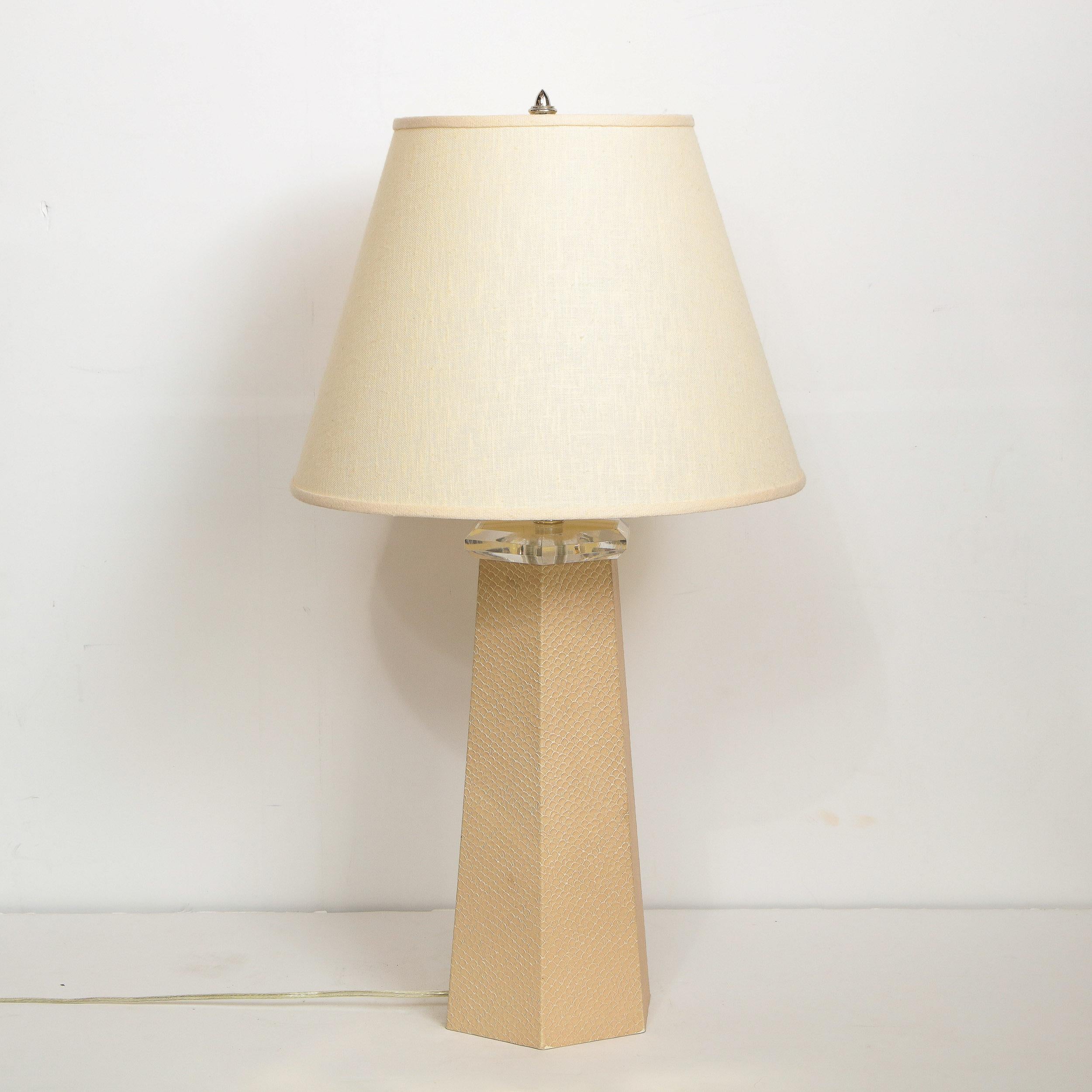 Signed Karl Springer Modernist Hexagonal Table Lamp in Beige Snakeskin 5
