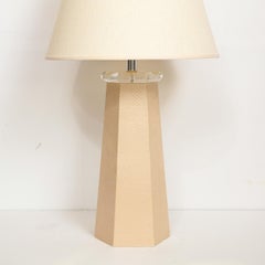 Signed Karl Springer Modernist Hexagonal Table Lamp in Beige Snakeskin