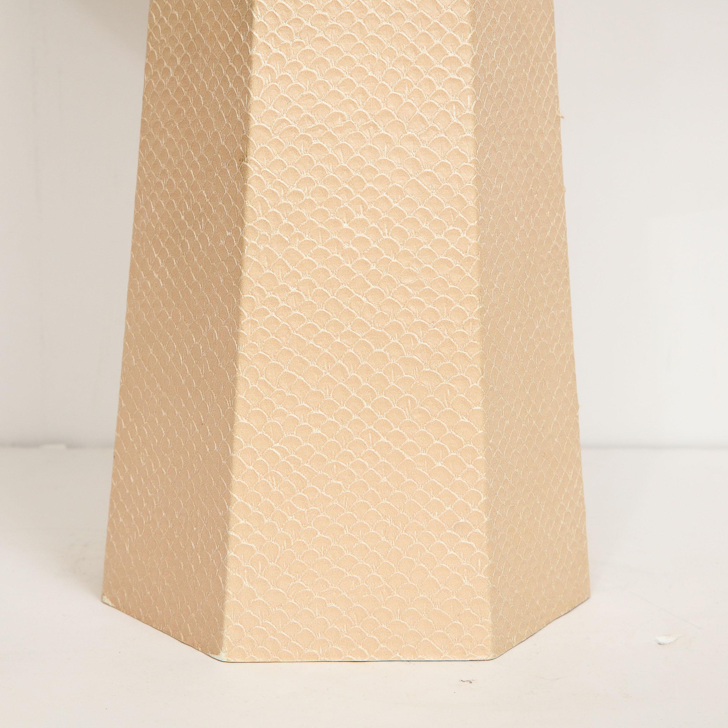 Mid-Century Modern Signed Karl Springer Modernist Hexagonal Table Lamp in Beige Snakeskin