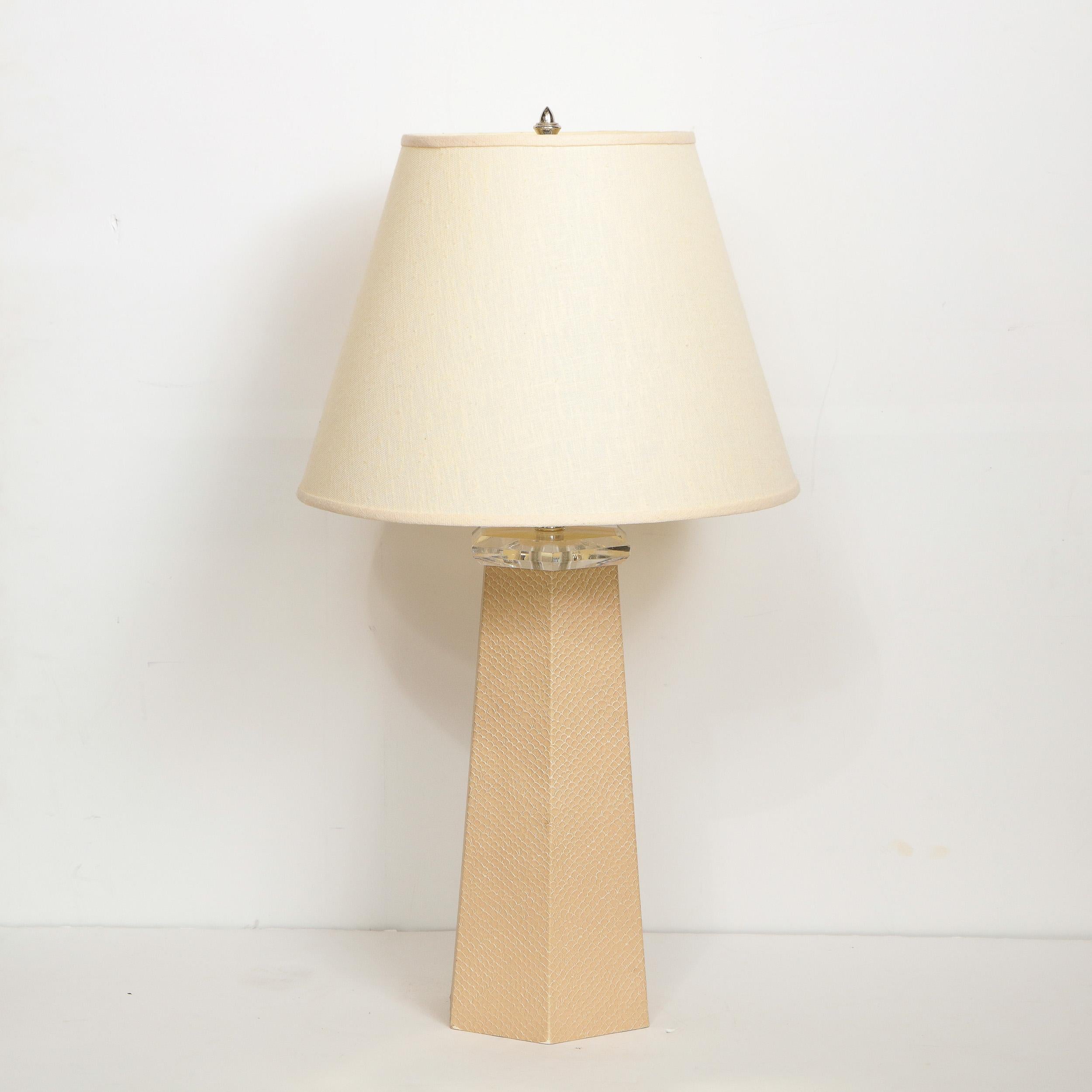 American Signed Karl Springer Modernist Hexagonal Table Lamp in Beige Snakeskin