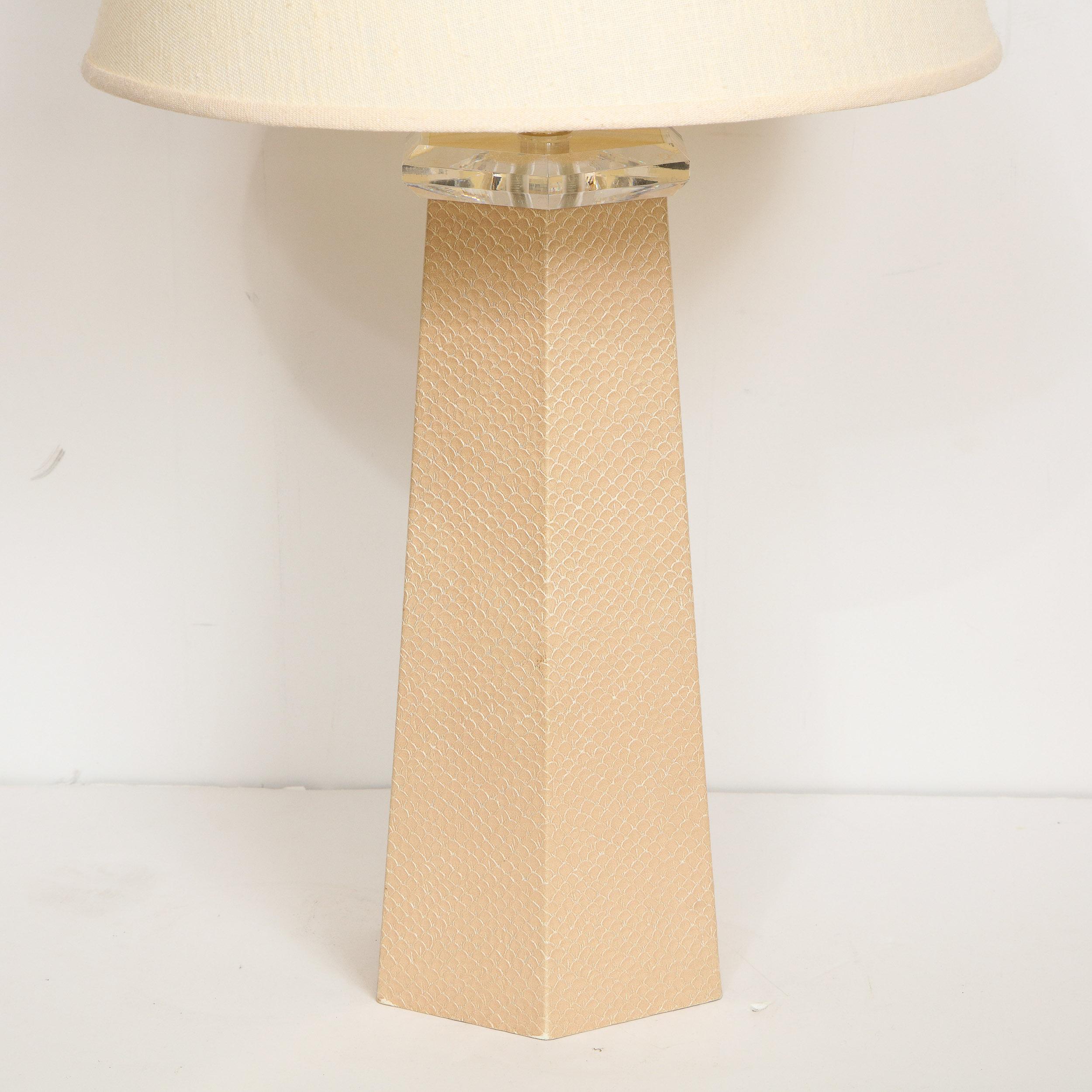 Signed Karl Springer Modernist Hexagonal Table Lamp in Beige Snakeskin In Good Condition In New York, NY