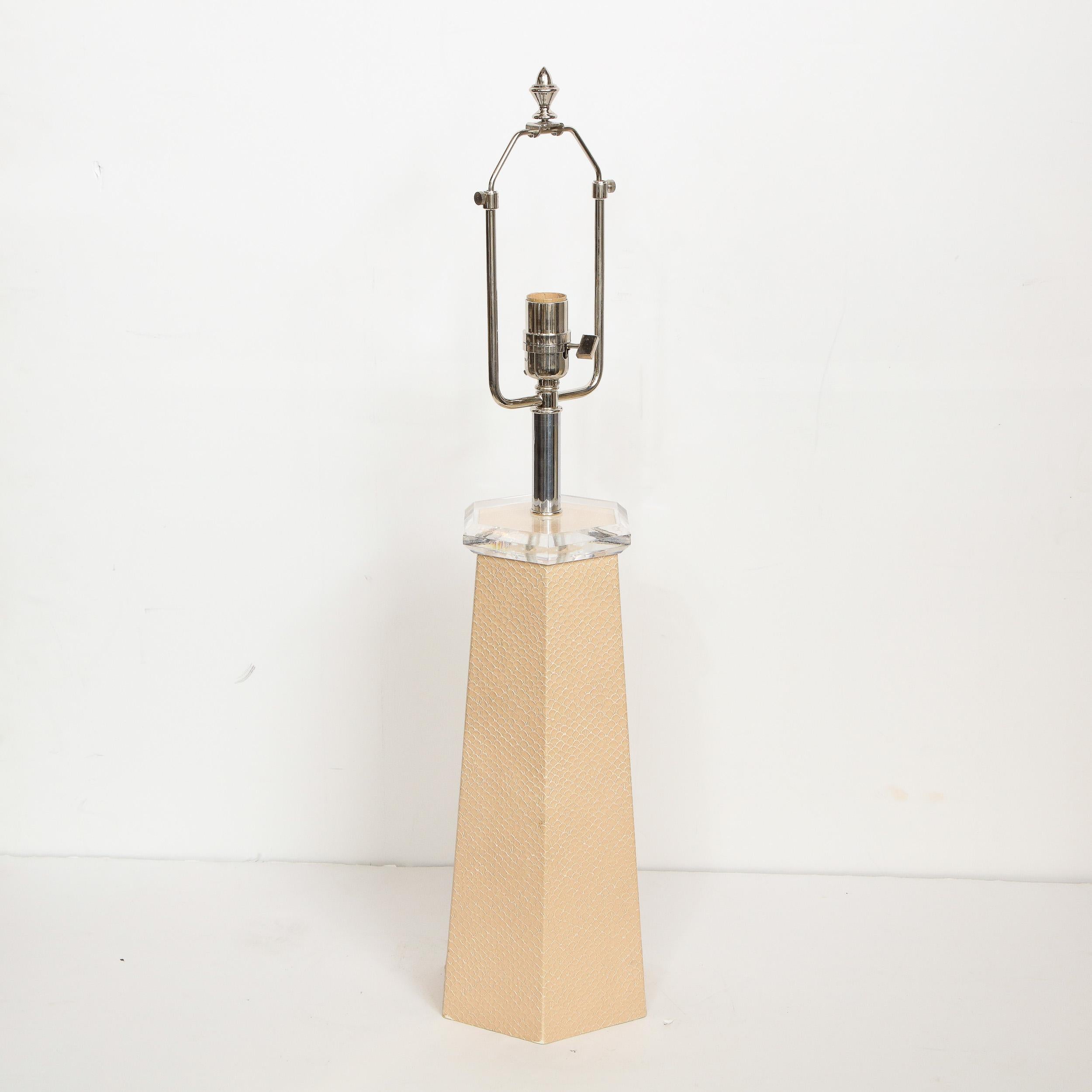 Animal Skin Signed Karl Springer Modernist Hexagonal Table Lamp in Beige Snakeskin