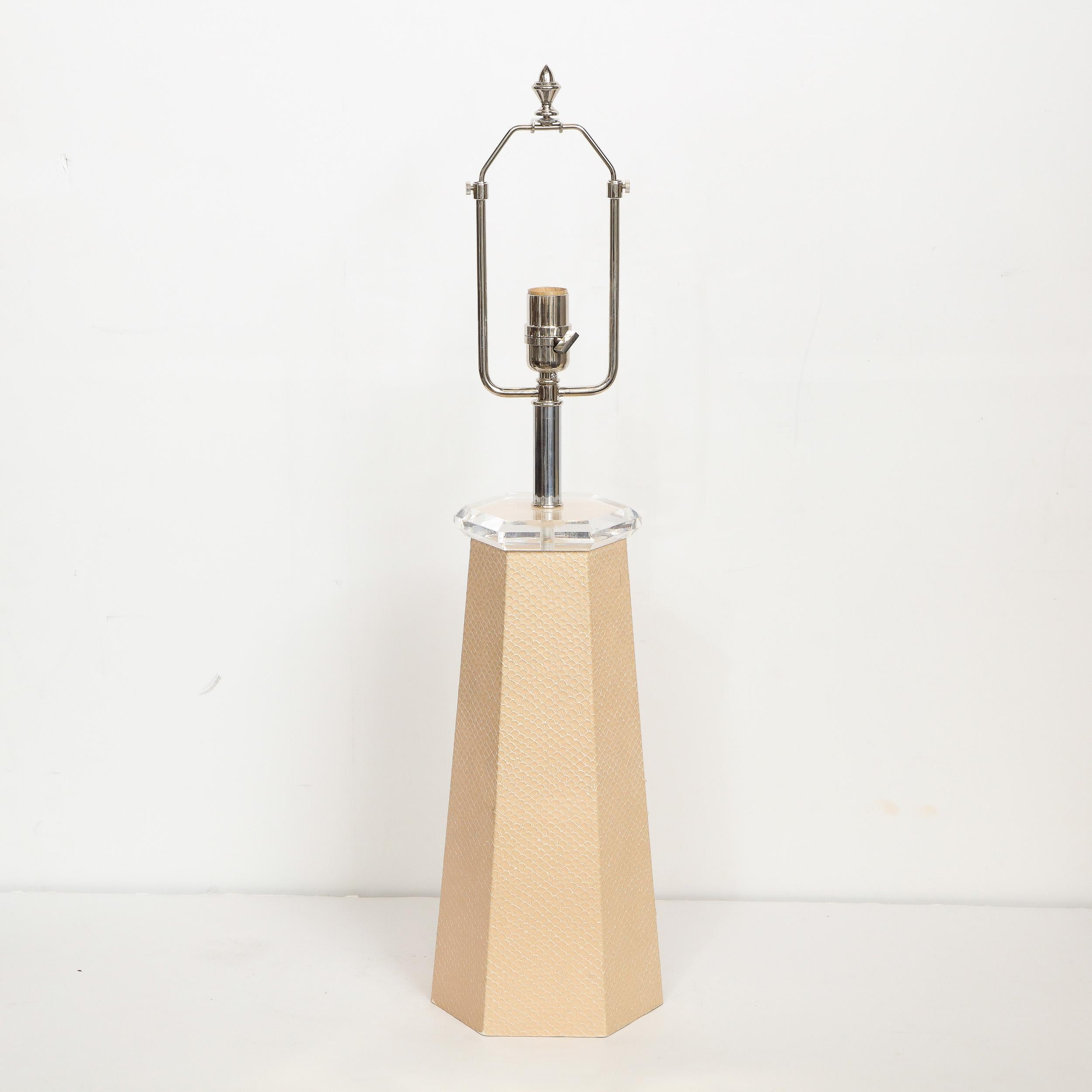 Signed Karl Springer Modernist Hexagonal Table Lamp in Beige Snakeskin 2