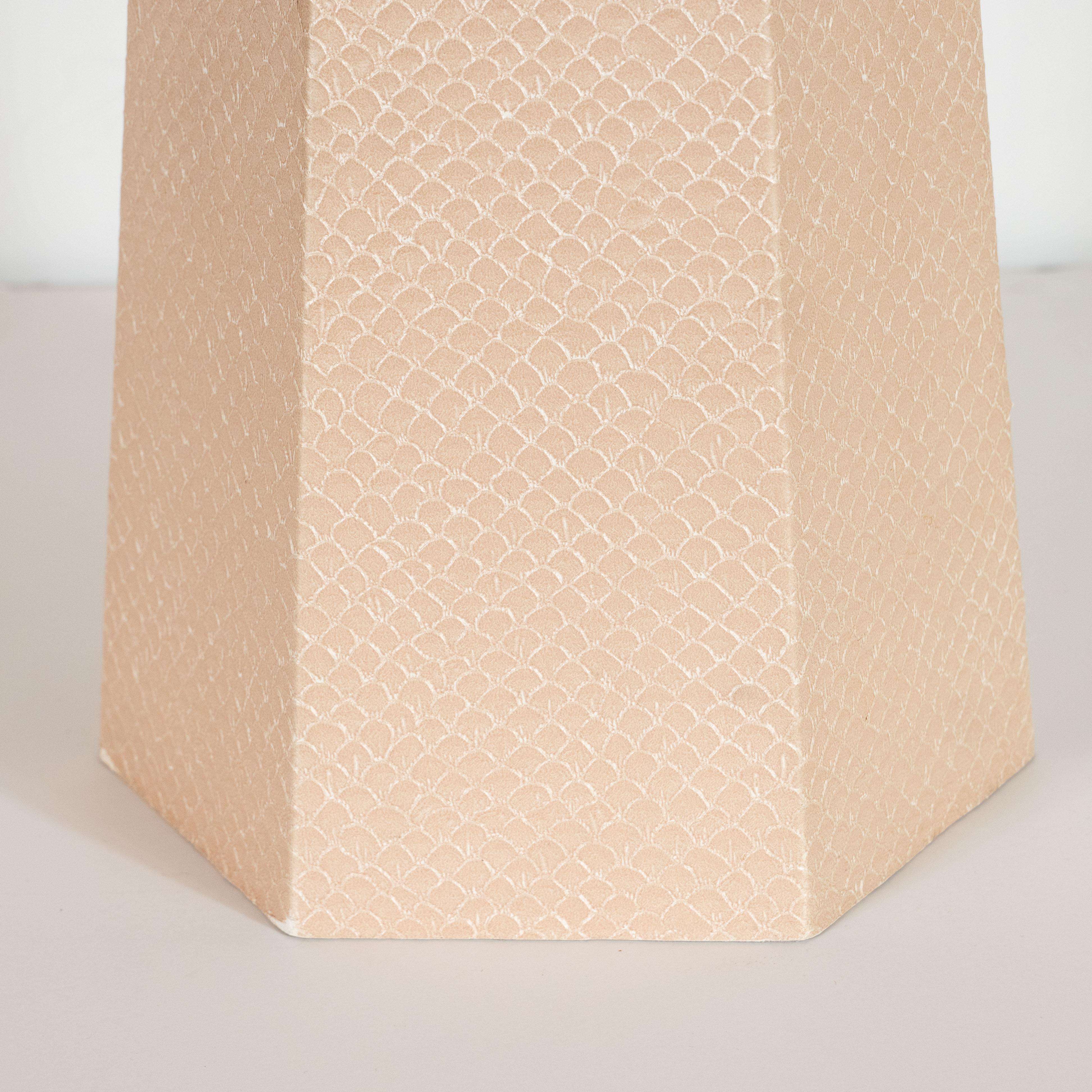 Mid-Century Modern Signed Modernist Karl Springer Hexagonal Table Lamp in Buff-Colored Snakeskin