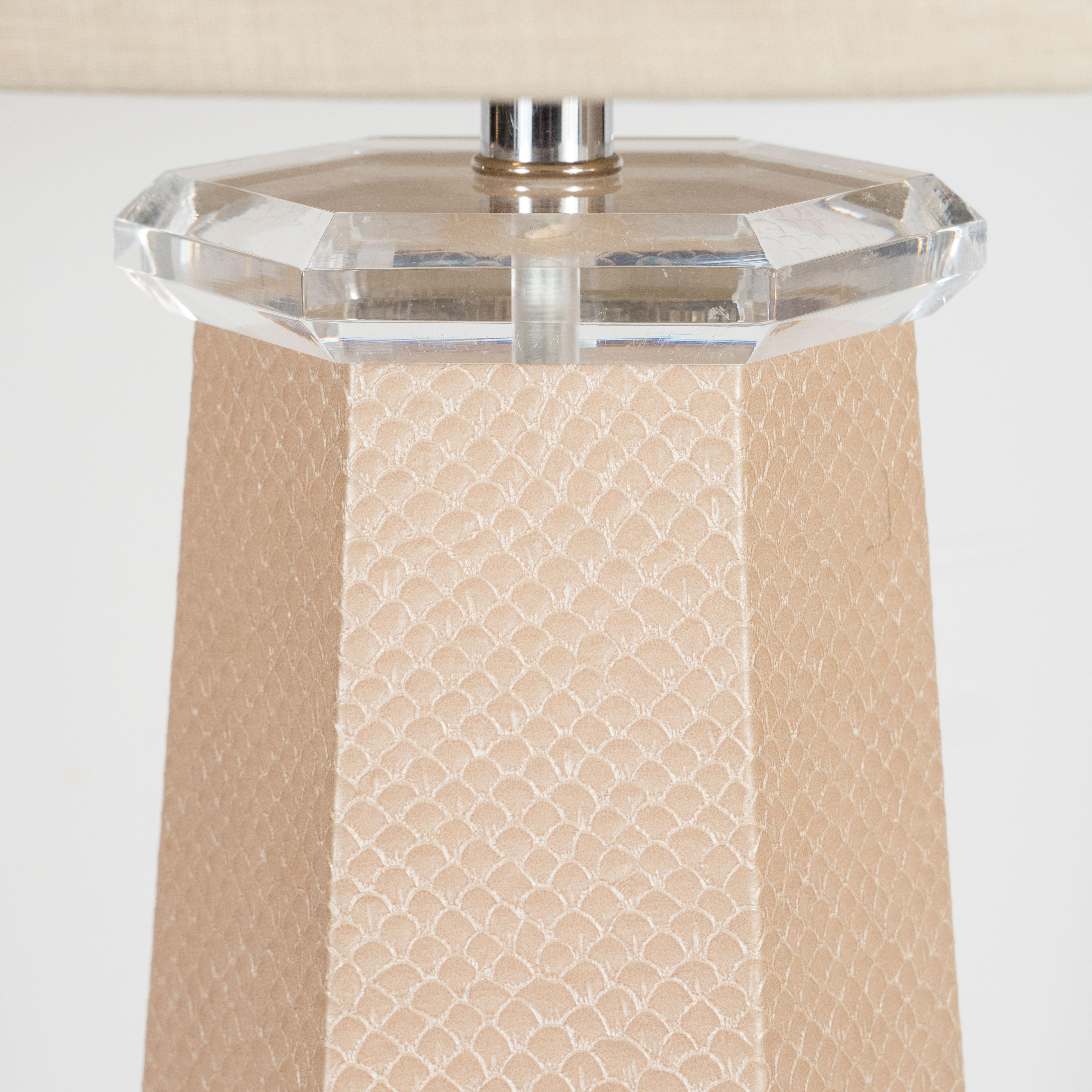 American Signed Modernist Karl Springer Hexagonal Table Lamp in Buff-Colored Snakeskin