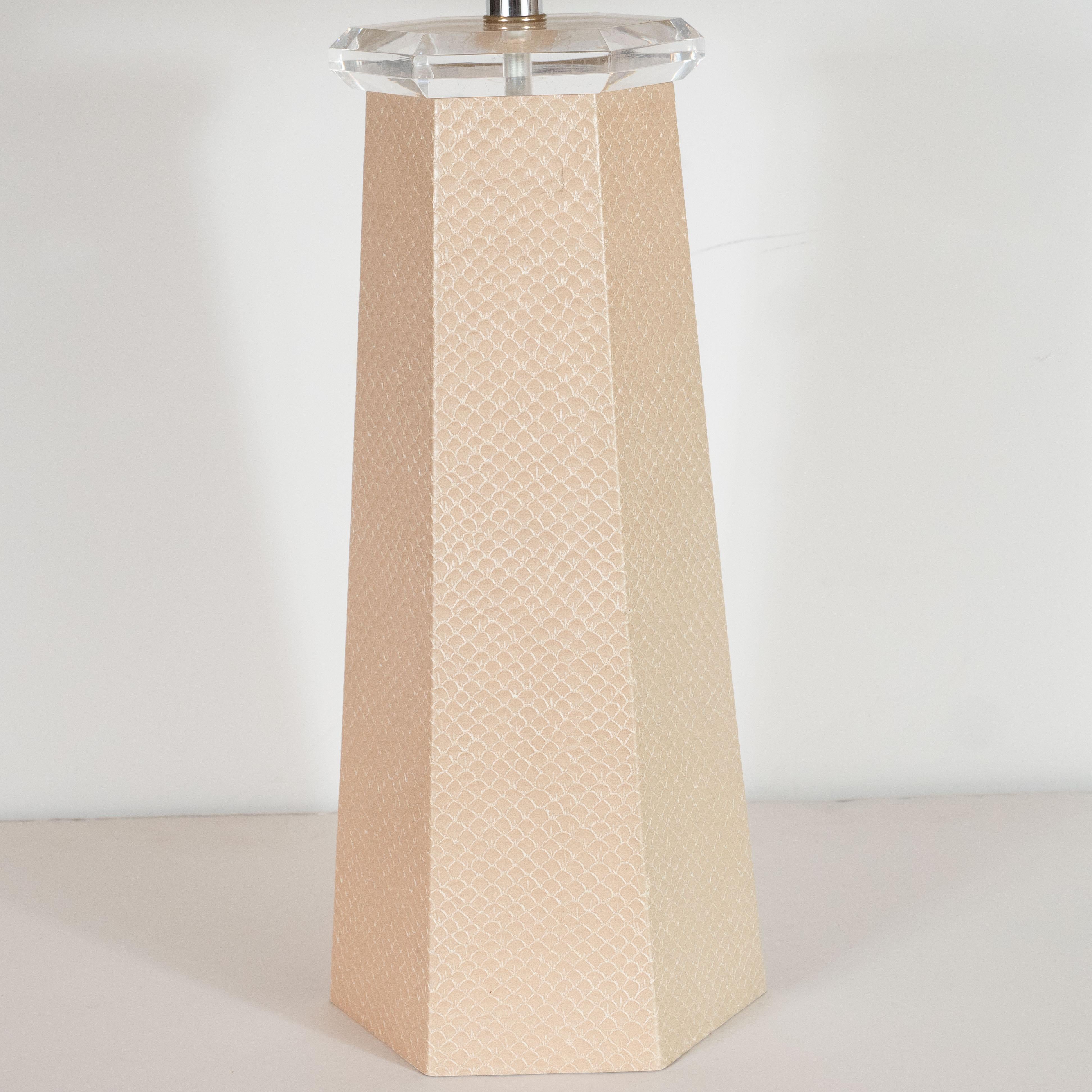 Late 20th Century Signed Modernist Karl Springer Hexagonal Table Lamp in Buff-Colored Snakeskin