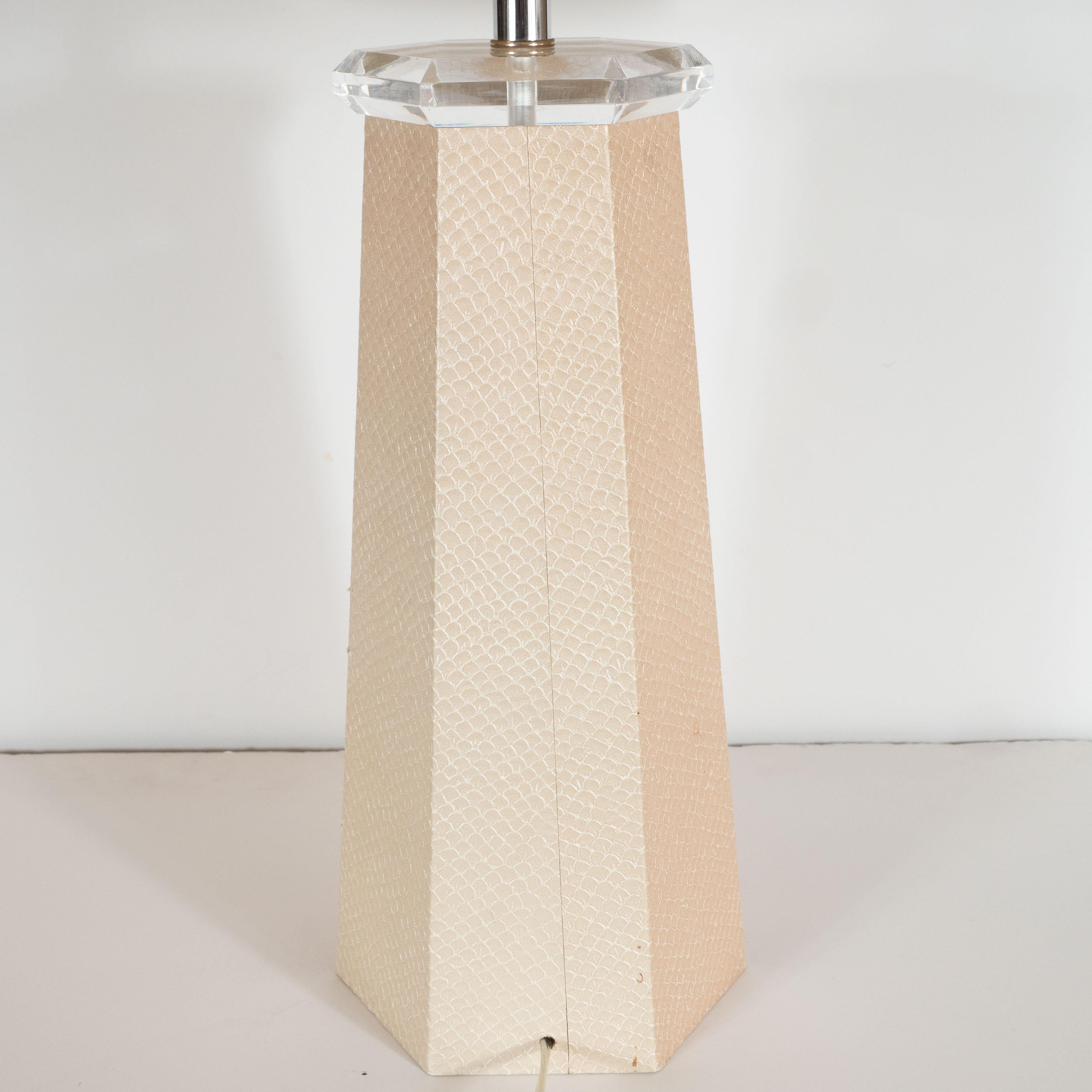 Signed Modernist Karl Springer Hexagonal Table Lamp in Buff-Colored Snakeskin 1