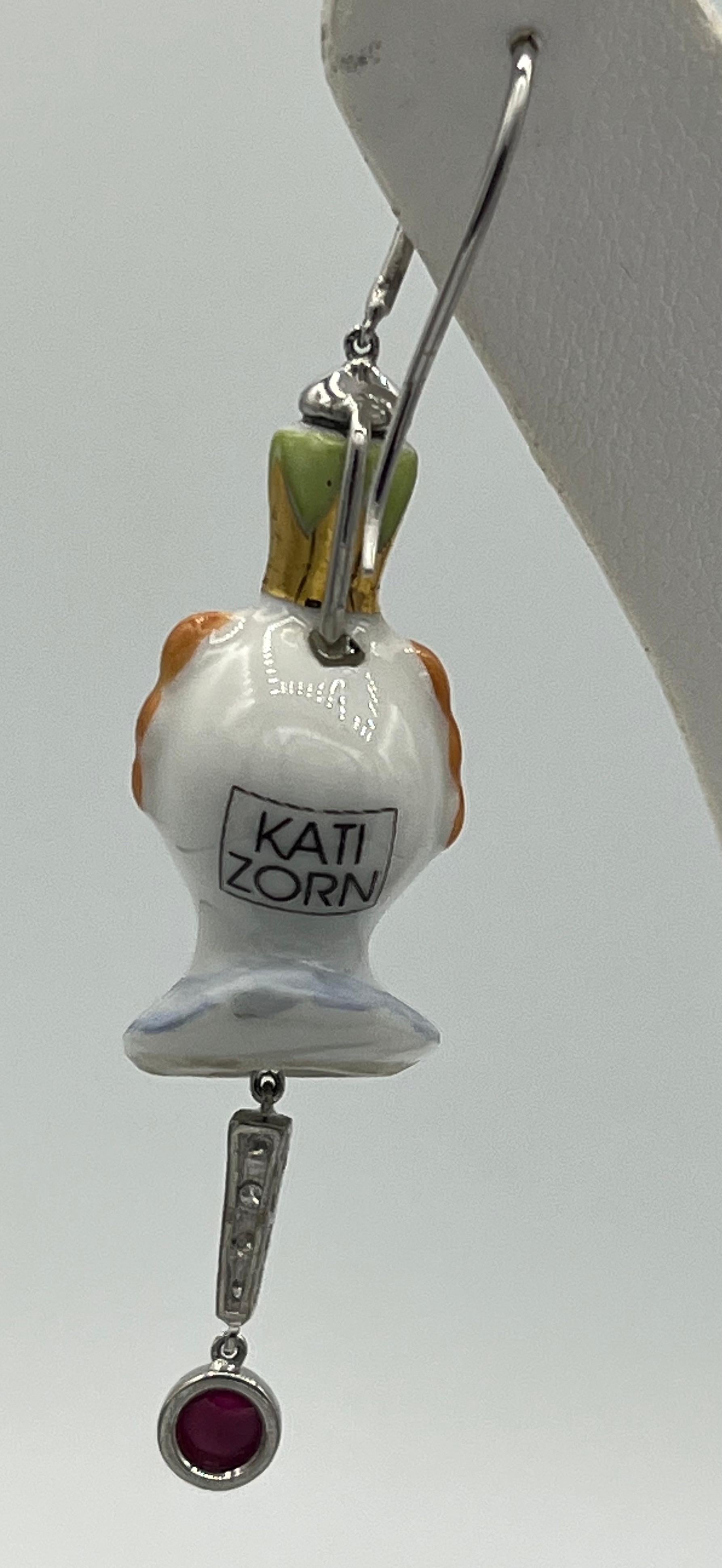 Brilliant Cut signed Kati Zorn Porzellan hoop earrings 18 k Gold Diamond Ruby  For Sale