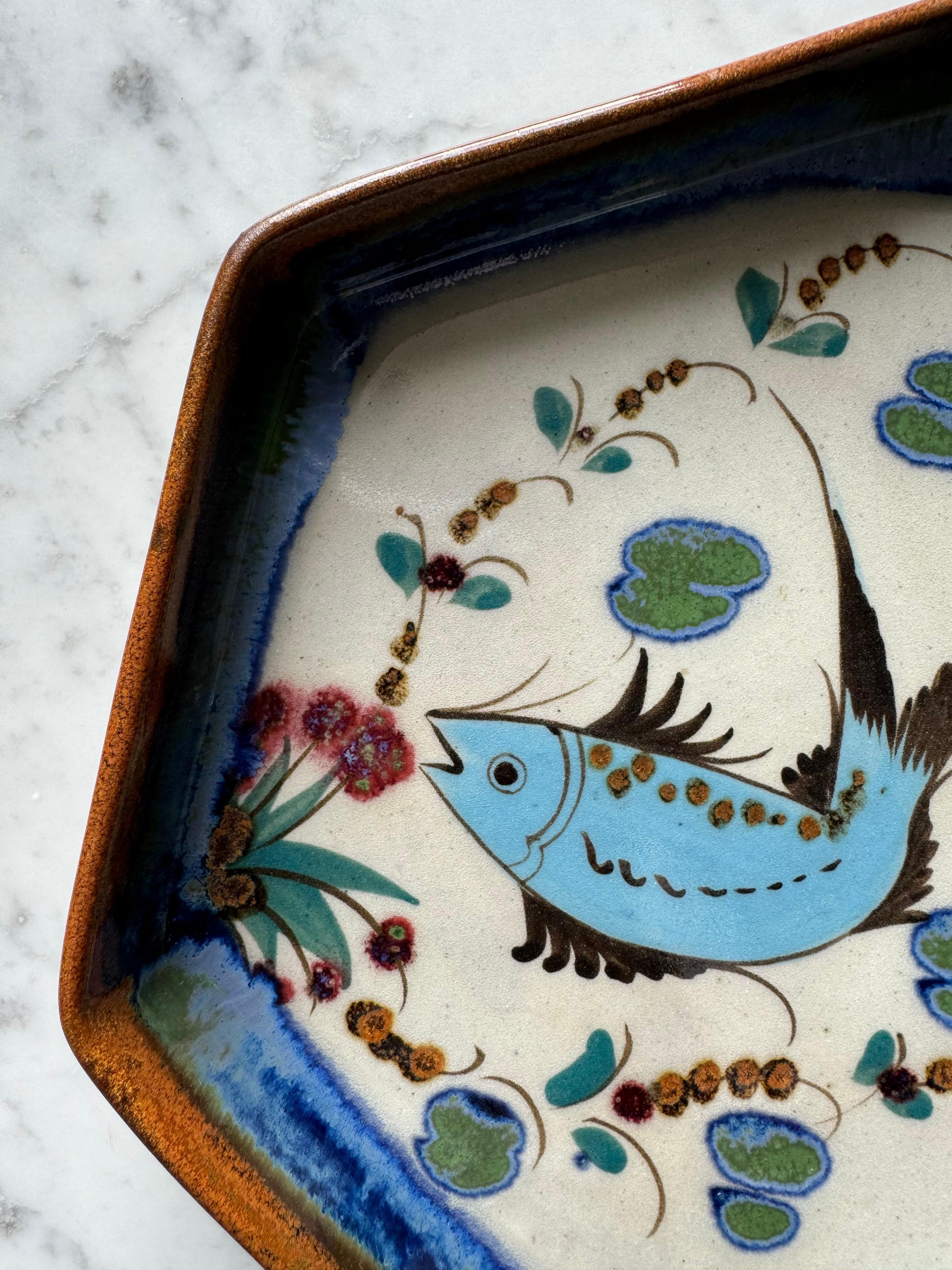 Hand-Painted Signed Ken Edwards Hand Painted Stoneware Dish, Mexico 1970s  For Sale