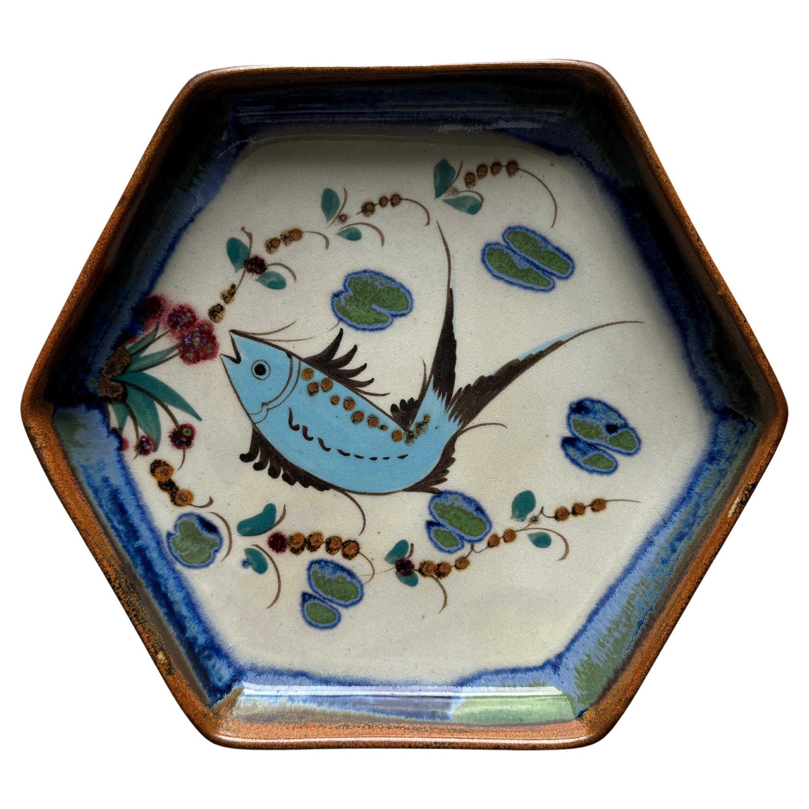 Signed Ken Edwards Hand Painted Stoneware Dish, Mexico 1970s  For Sale