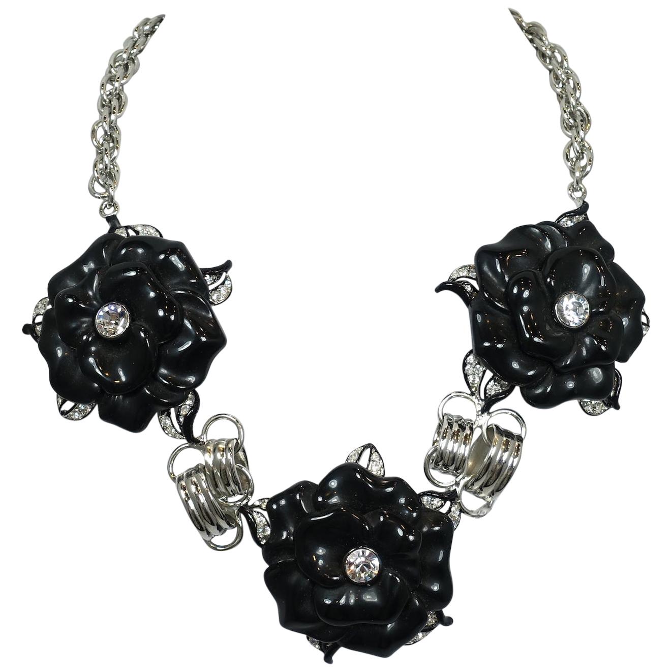 Signed Kenneth J. Lane Black Floral Necklace For Sale