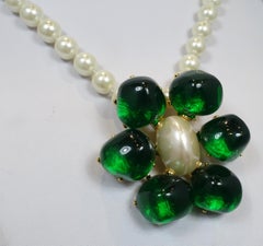 Signed Kenneth J. Lane Faux Pearl & Green Pendant Necklace