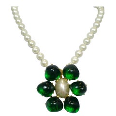Signed Kenneth J. Lane Faux Pearl & Green Pendant Necklace