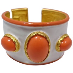 Signed Kenneth Jay Lane Faux Coral 
White Enamel Clamper Cuff Bracelet
