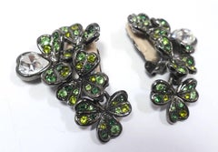 Signed Kenneth Jay Lane Green Rhinestone 4-Leaf Clover & Heart Earrings